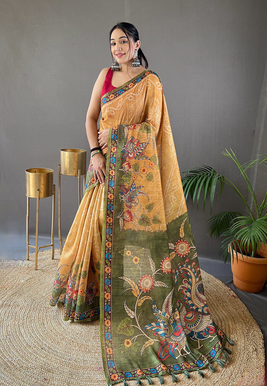 Buy MySilkLove Apache Yellow Cotton Printed Kalamkari Saree Online