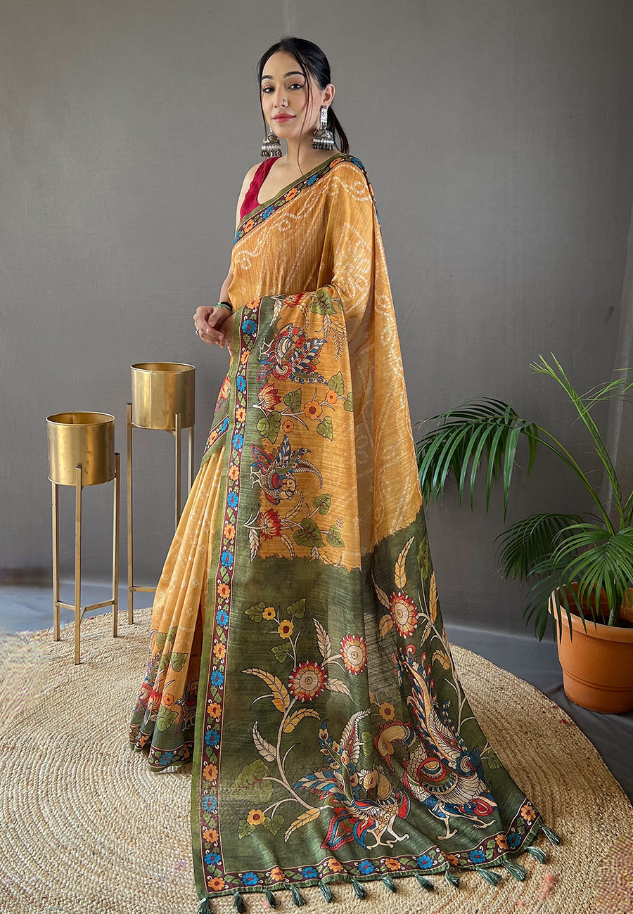 Buy MySilkLove Apache Yellow Cotton Printed Kalamkari Saree Online