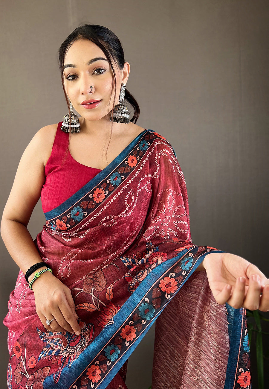 MySilkLove Lotus Maroon Cotton Printed Kalamkari Saree