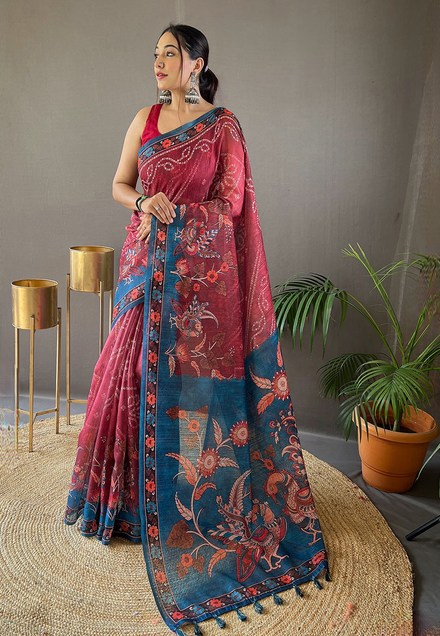 Buy MySilkLove Lotus Maroon Cotton Printed Kalamkari Saree Online