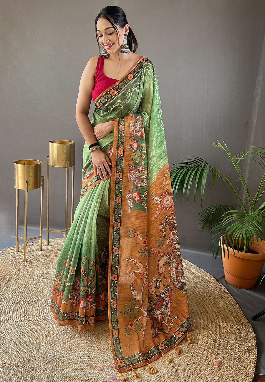 Buy MySilkLove Asparagus Green Cotton Printed Kalamkari Saree Online