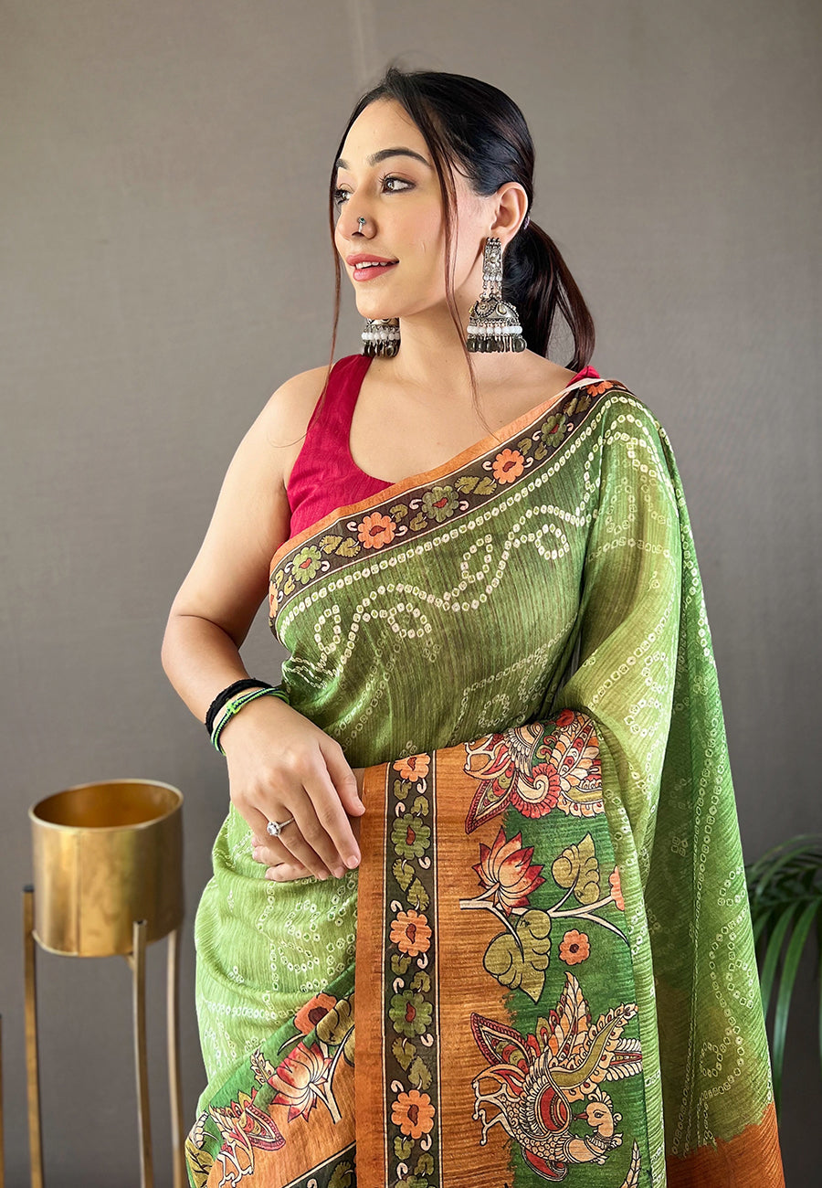 MySilkLove Asparagus Green Cotton Printed Kalamkari Saree