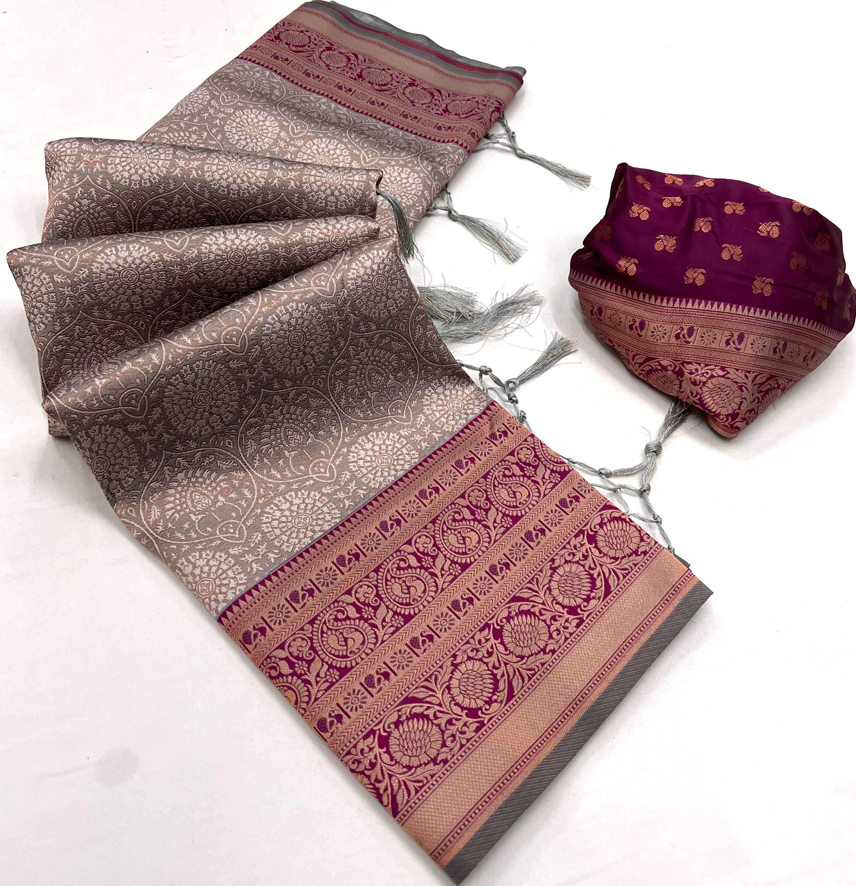 Buy MySilkLove Almond Frost Brown Chaap Handloom kanjivaram silk Saree Online