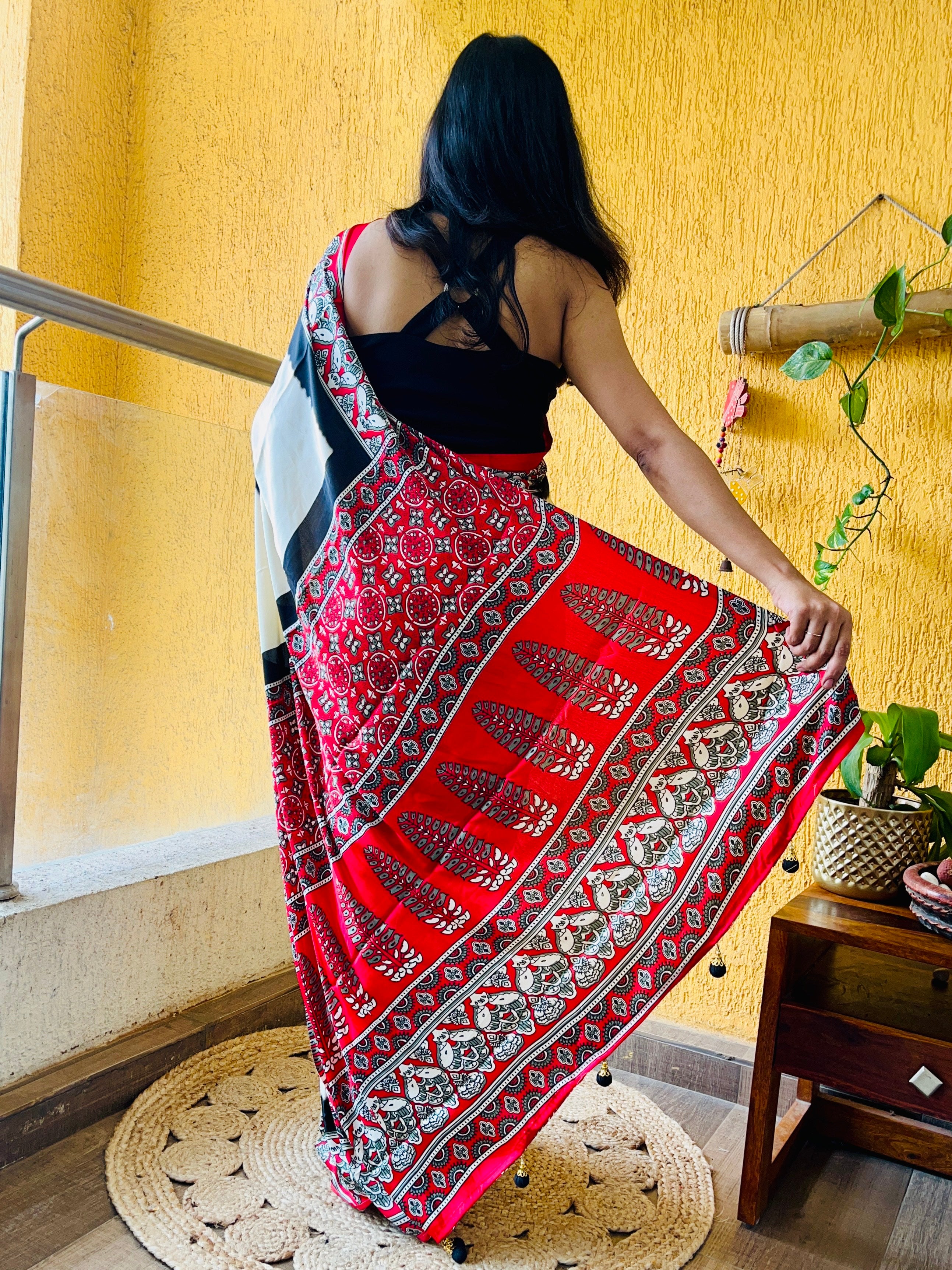 Buy MySilkLove Dutch White Ajrakh Printed Satin Silk Saree Online