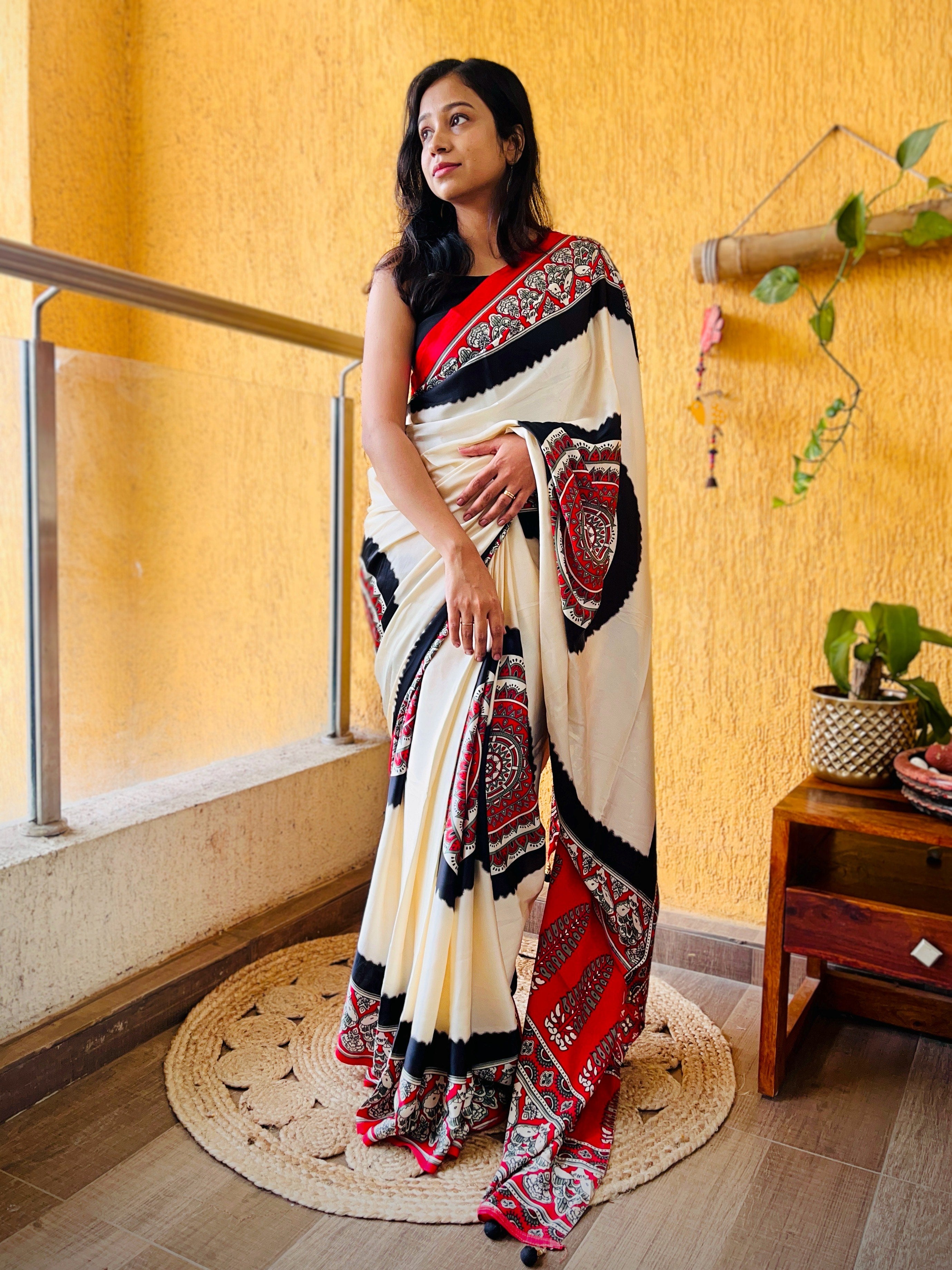 Buy MySilkLove Dutch White Ajrakh Printed Satin Silk Saree Online