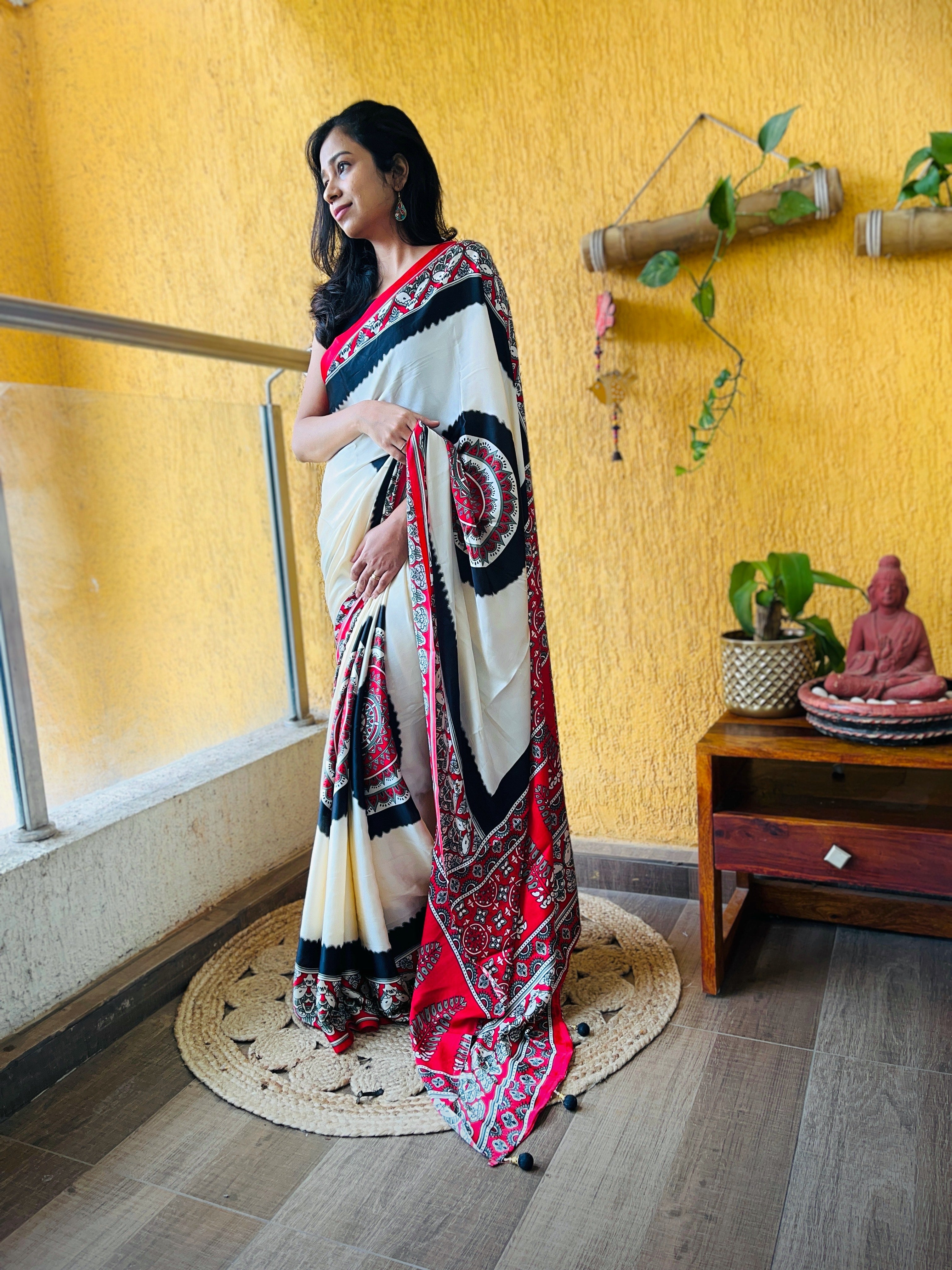 Buy MySilkLove Dutch White Ajrakh Printed Satin Silk Saree Online