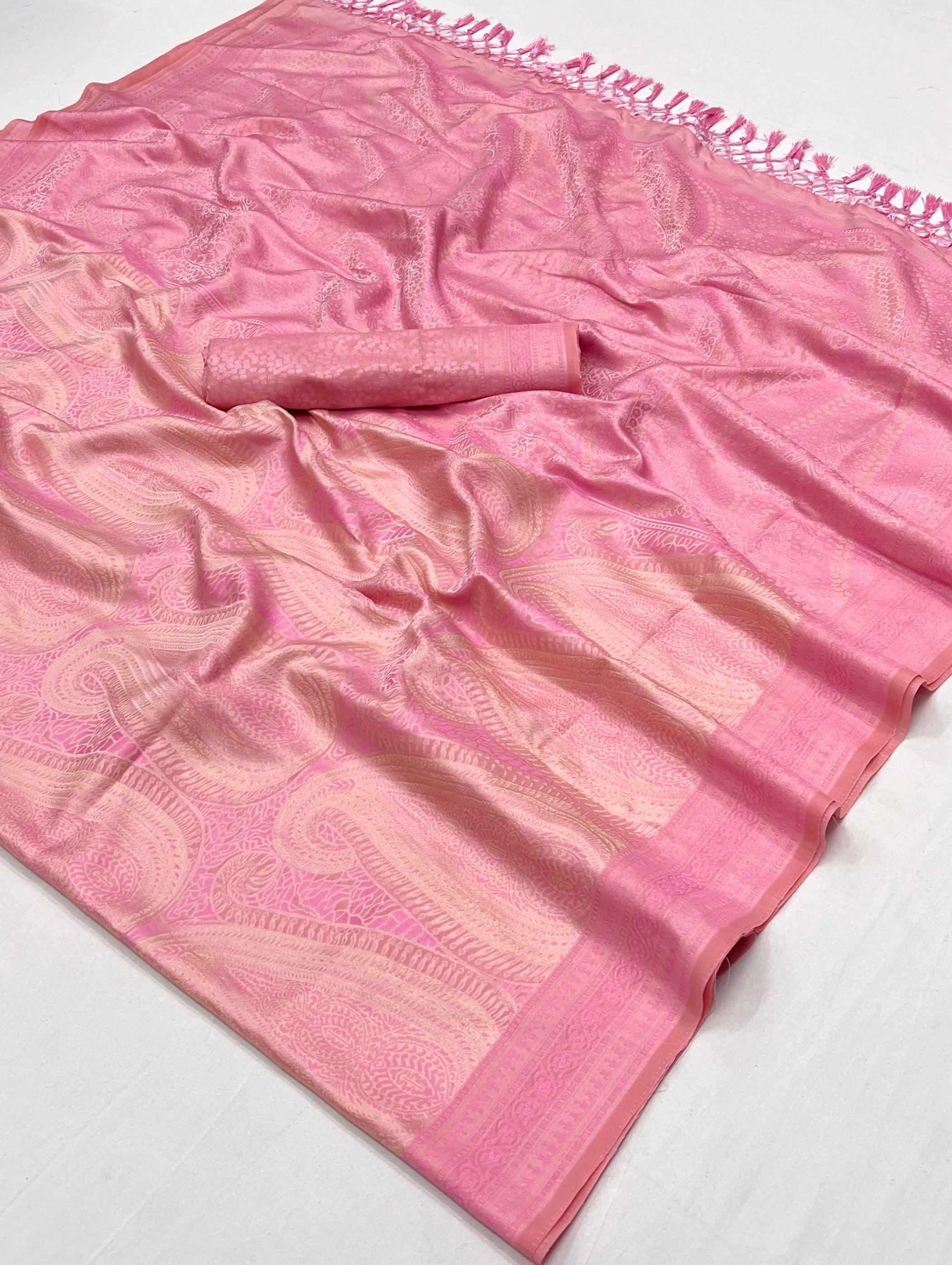 Buy MySilkLove Pastel Pink Woven Kanjivaram Satin Silk Saree Online