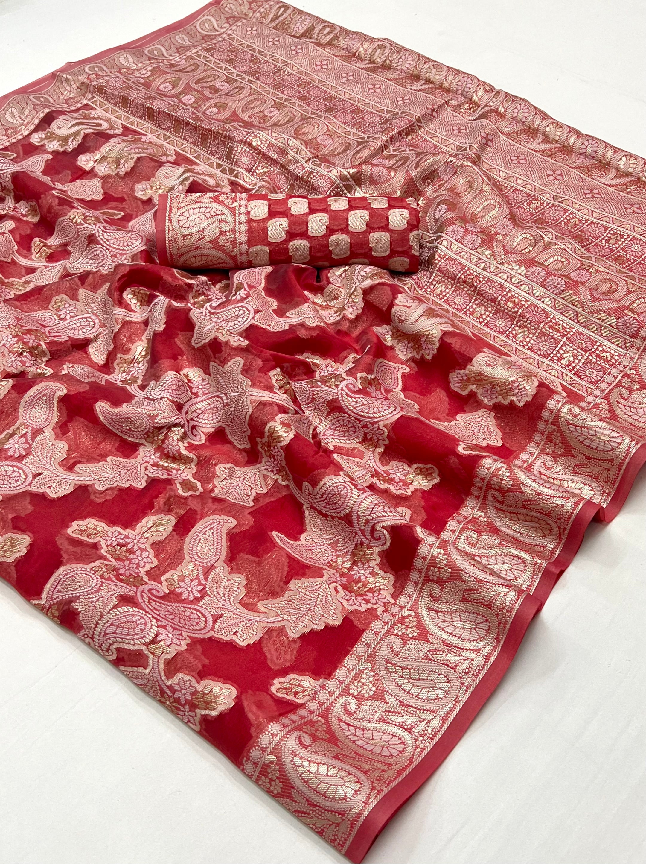 Buy MySilkLove Rose Pink Woven Lucknowi Chikankari Saree Online