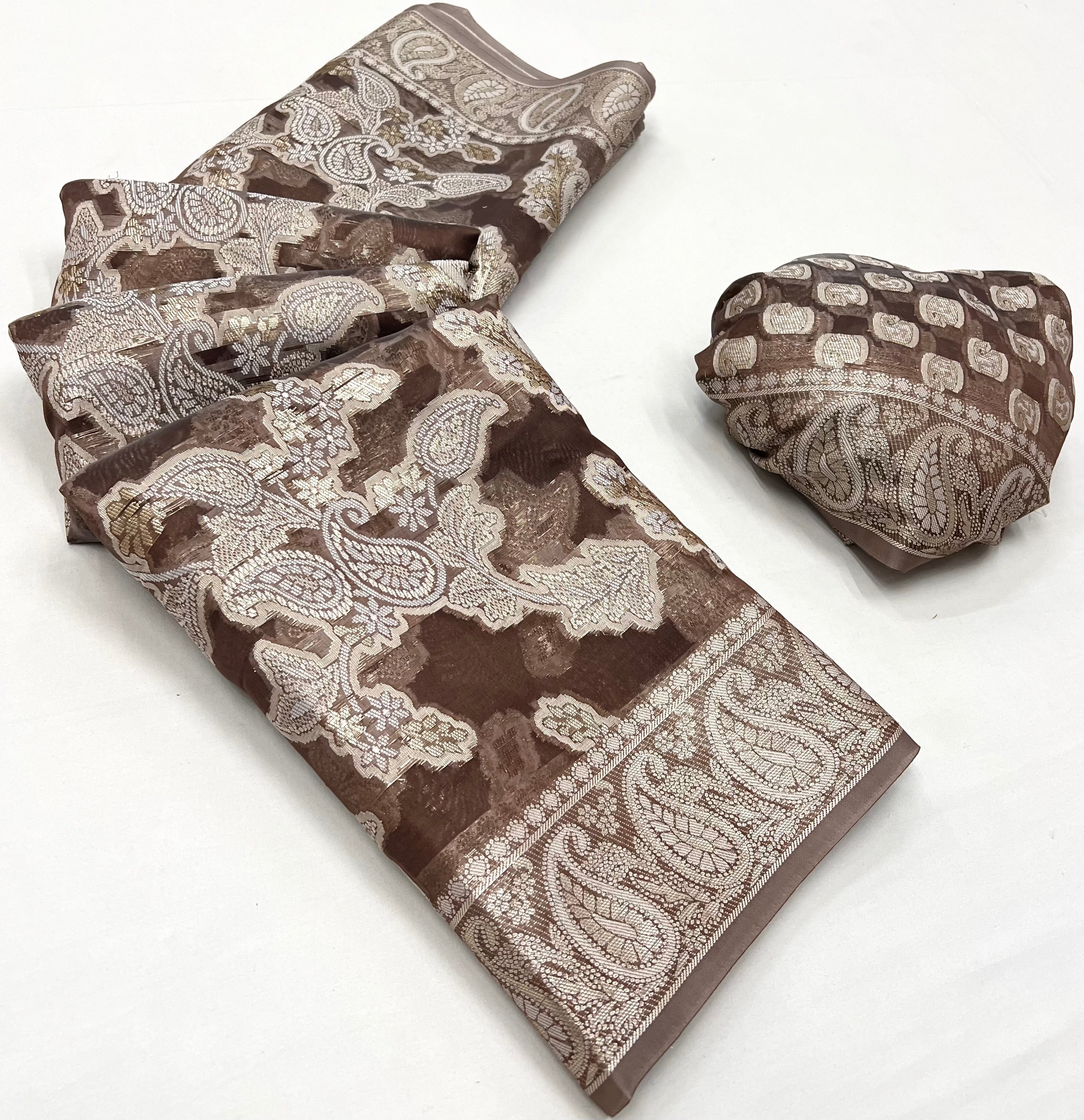 MySilkLove Roman Coffee Brown Woven Lucknowi Chikankari Saree