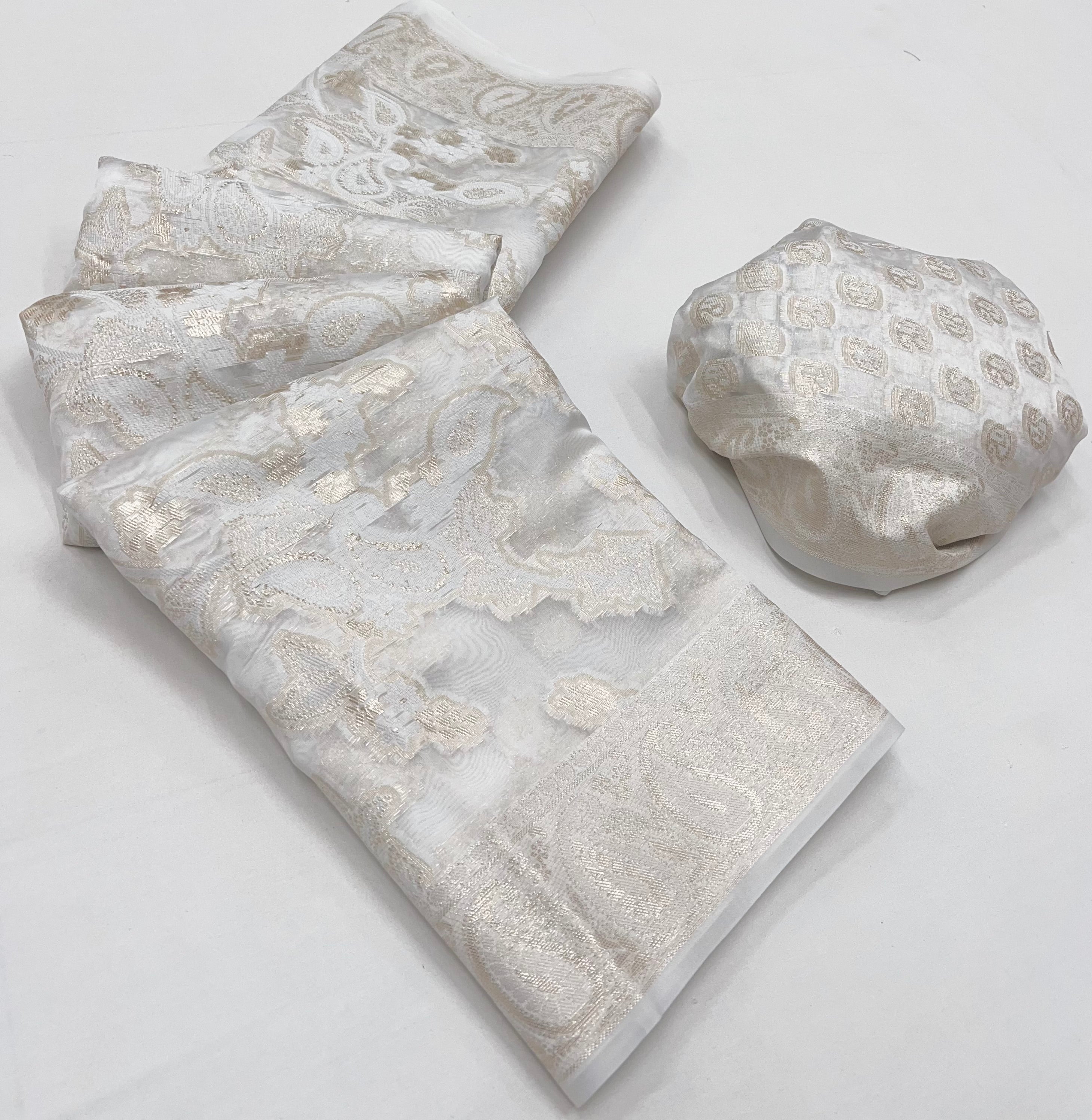 Buy MySilkLove Citrine Off White Woven Lucknowi Chikankari Saree Online