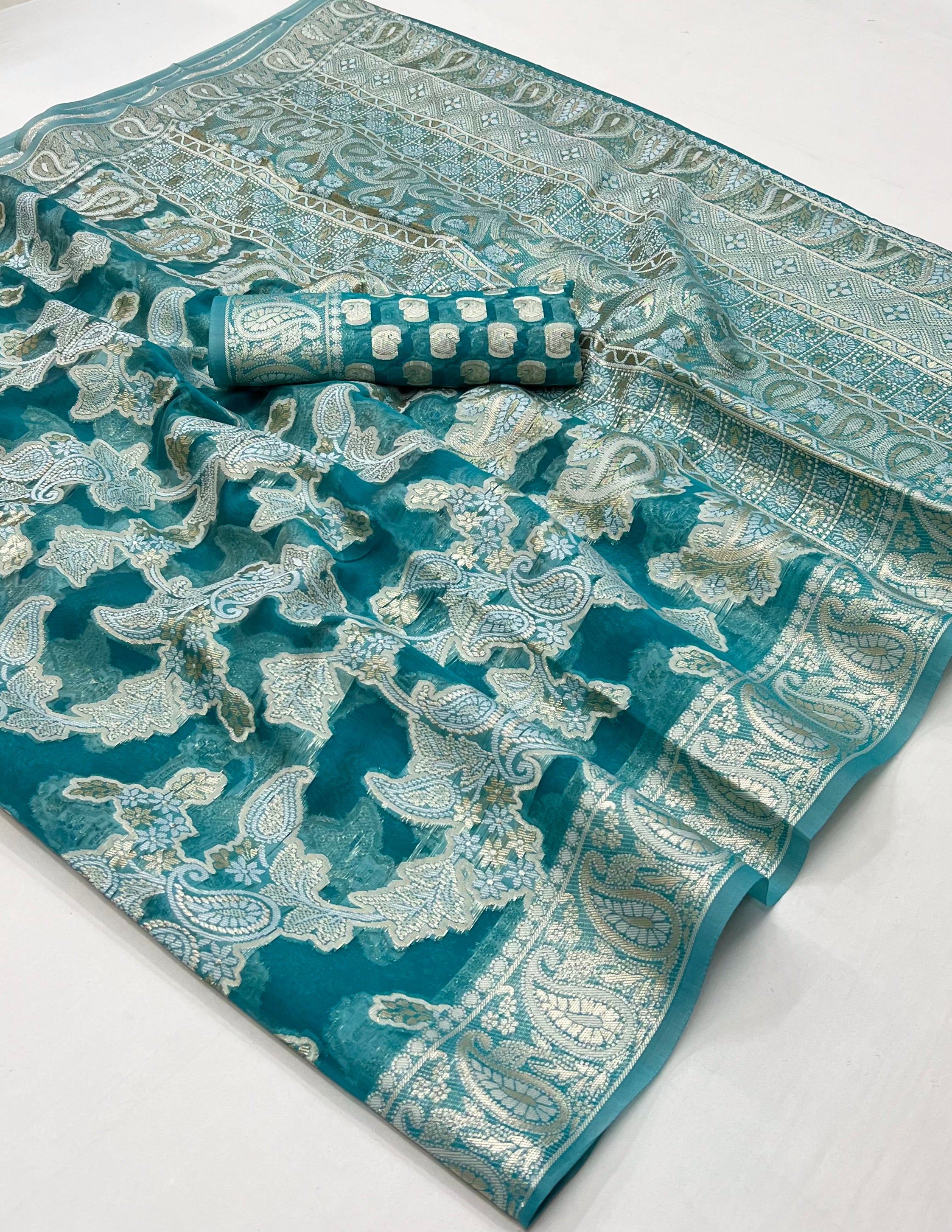 Buy MySilkLove Pewter Blue Woven Lucknowi Chikankari Saree Online