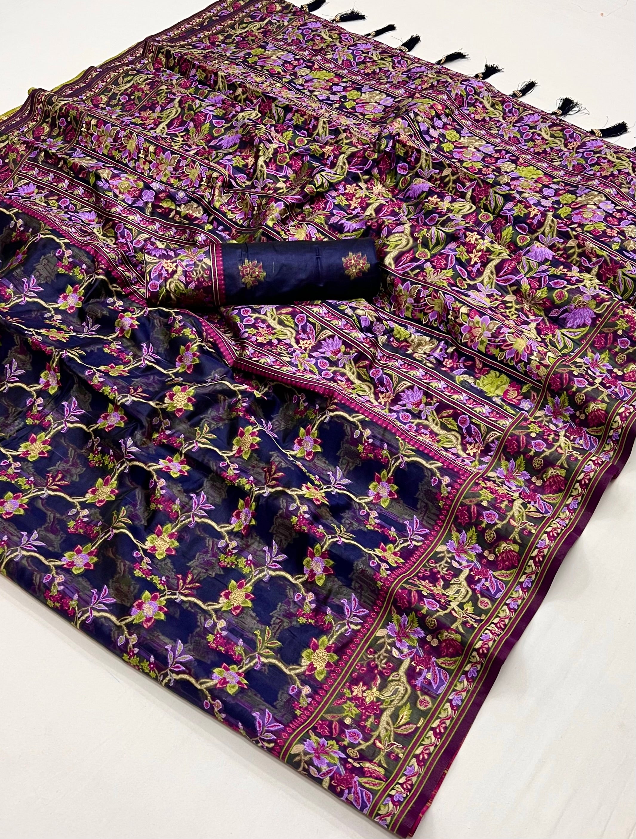 Buy MySilkLove River Bed Blue Organza Handloom Parsi Saree Online