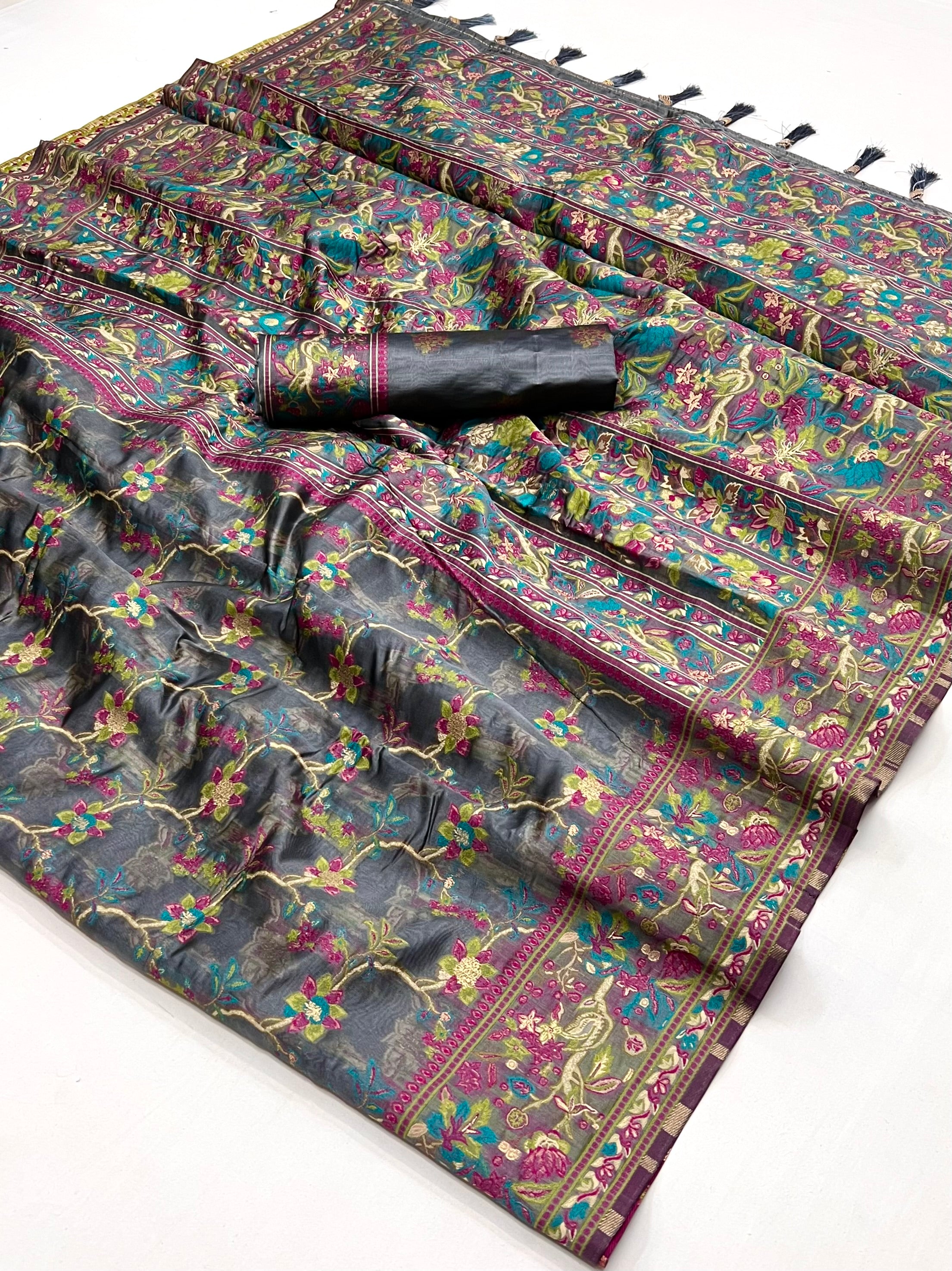 Buy MySilkLove Smoke Grey Organza Handloom Parsi Saree Online