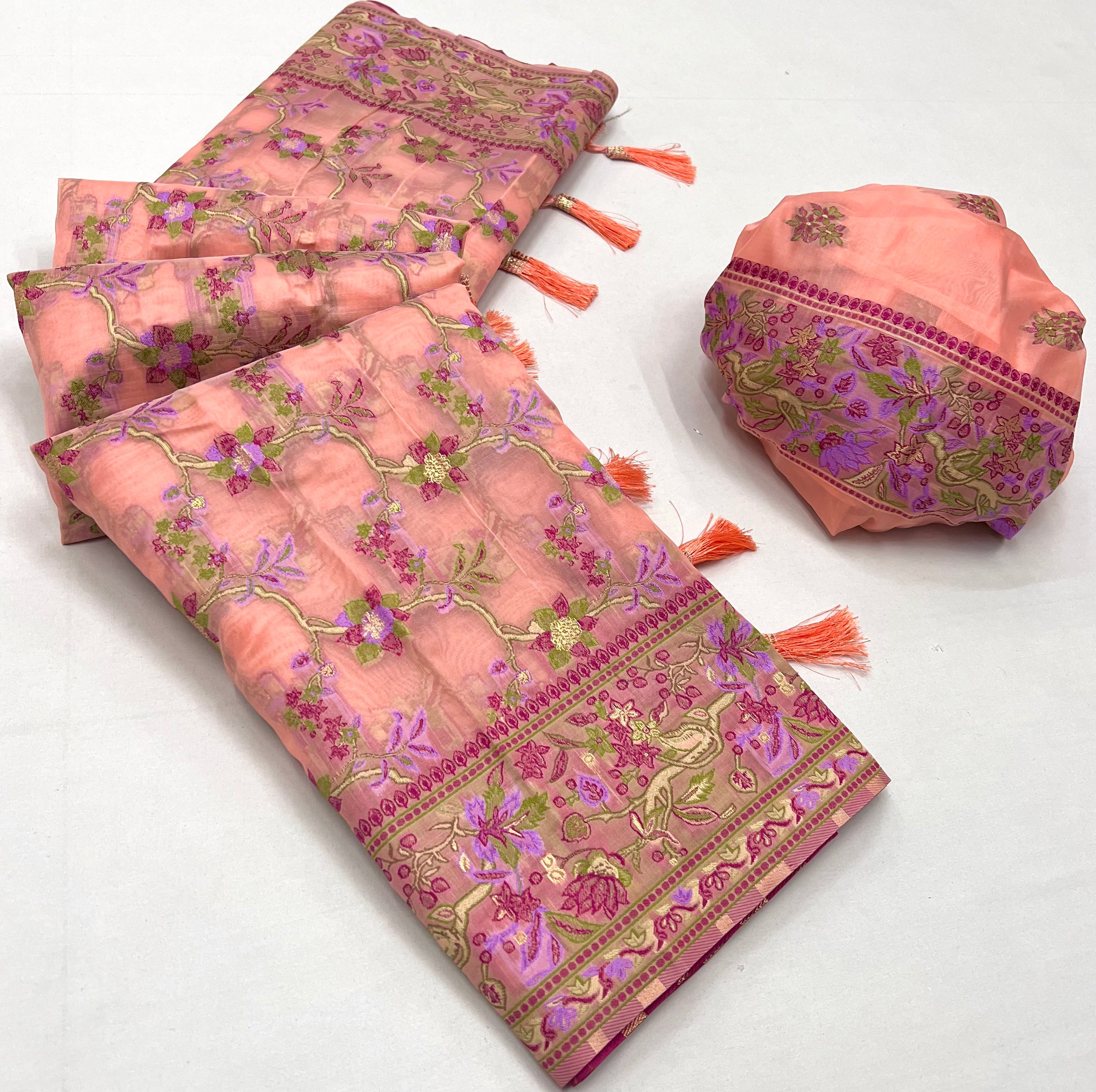 Buy MySilkLove Plum Peach Organza Handloom Parsi Saree Online