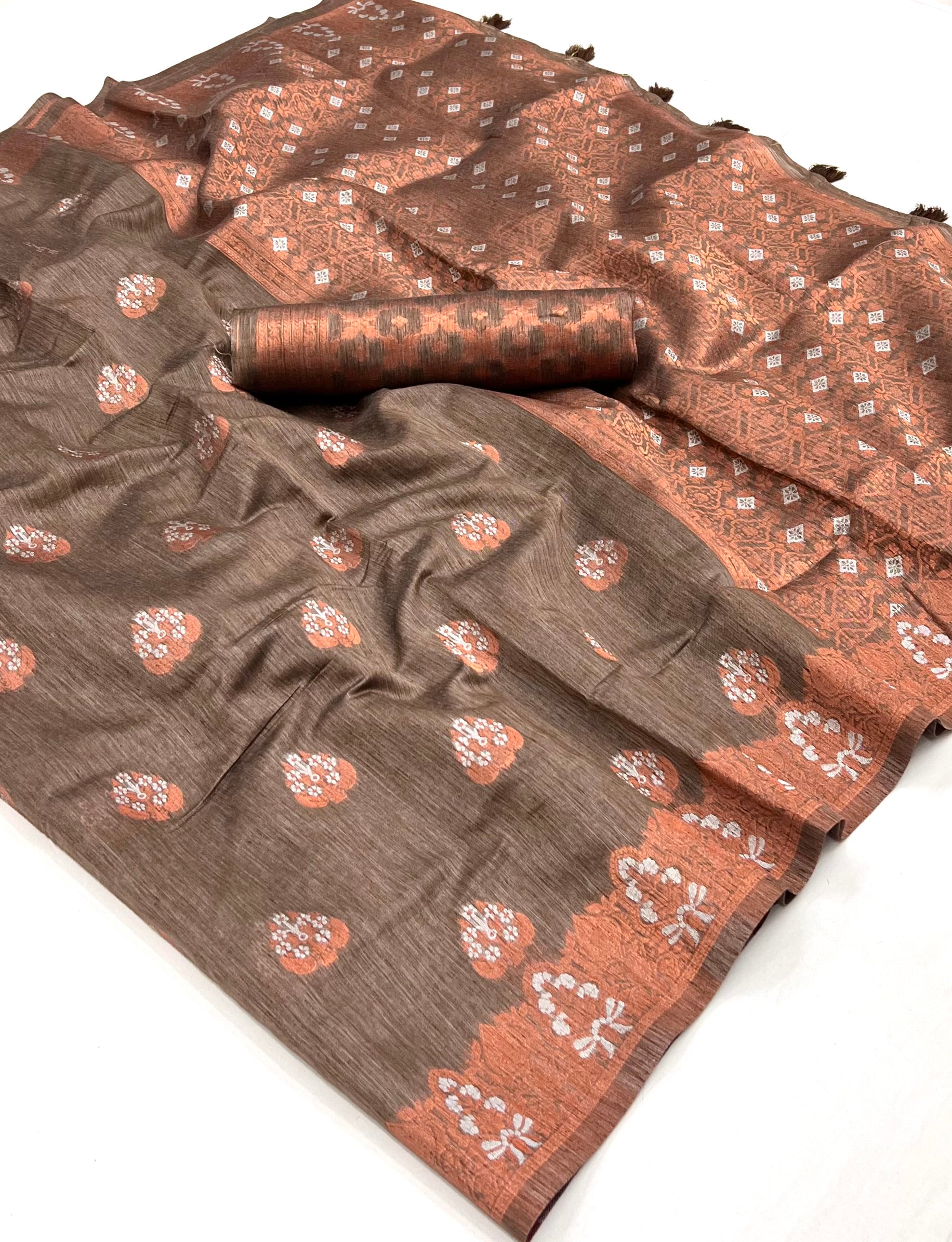 Buy MySilkLove Irish Coffee Brown Bronze Zari Woven Linen Silk Saree Online