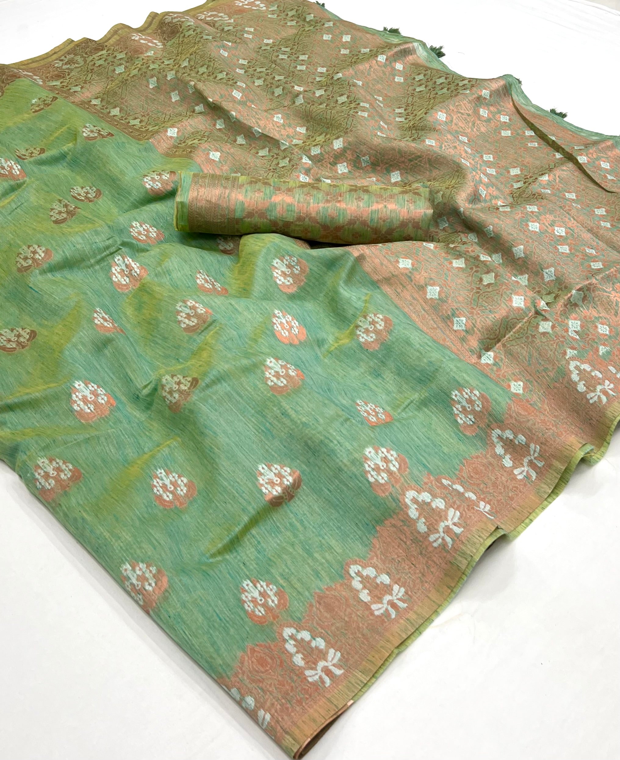 Buy MySilkLove Limed Ash Green Bronze Zari Woven Linen Silk Saree Online