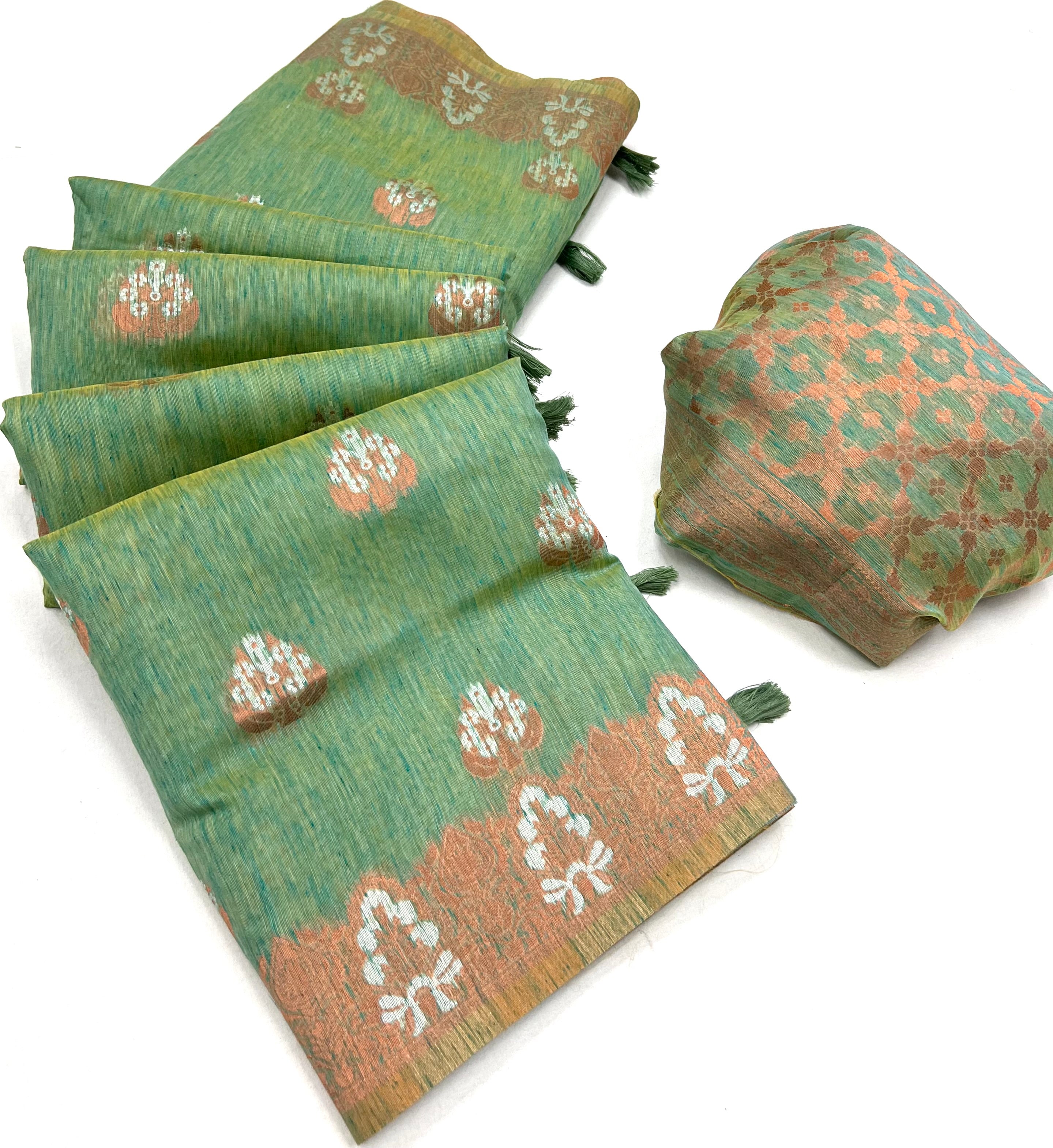 Buy MySilkLove Limed Ash Green Bronze Zari Woven Linen Silk Saree Online