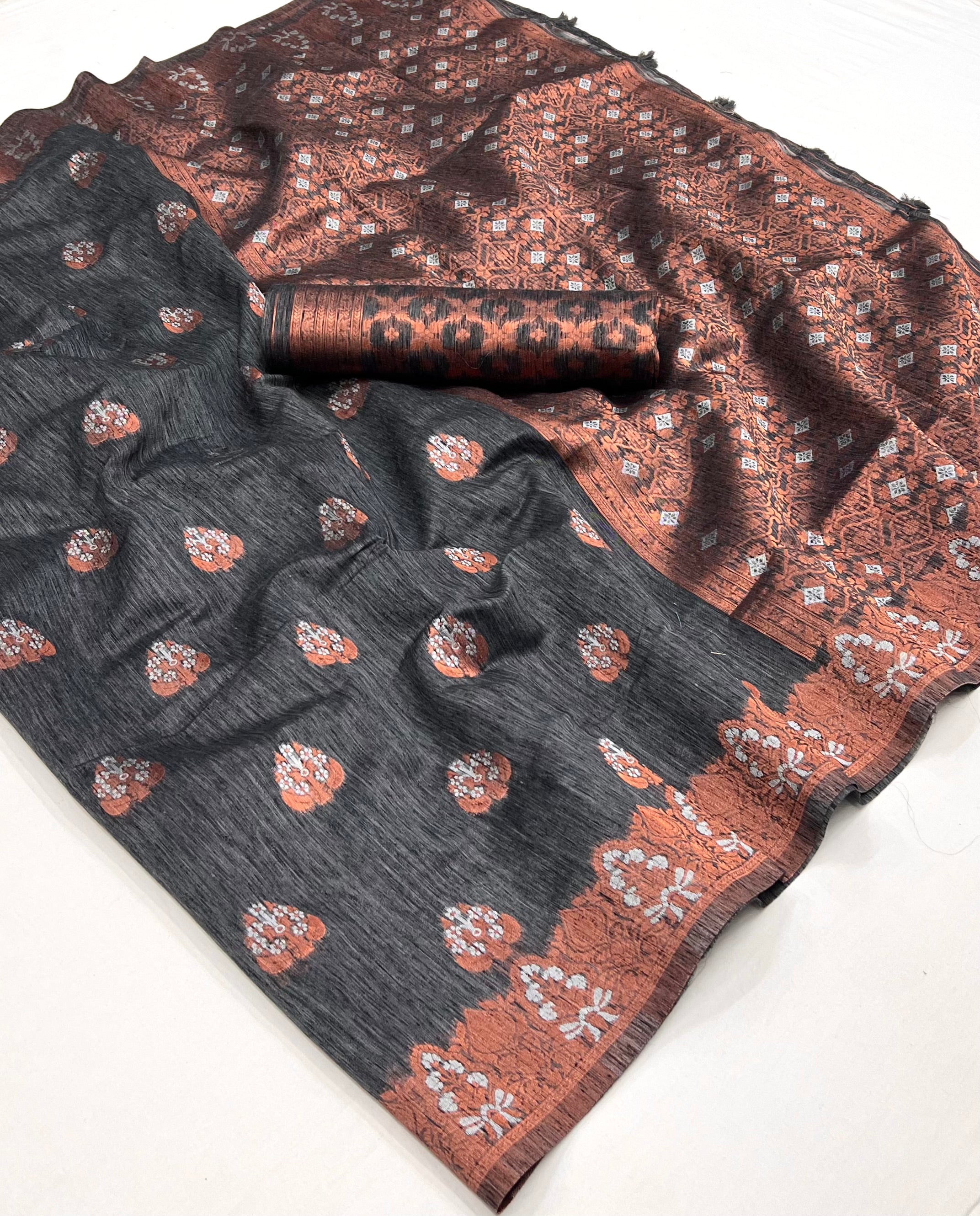 Buy MySilkLove Pine Cone Grey Bronze Zari Woven Linen Silk Saree Online