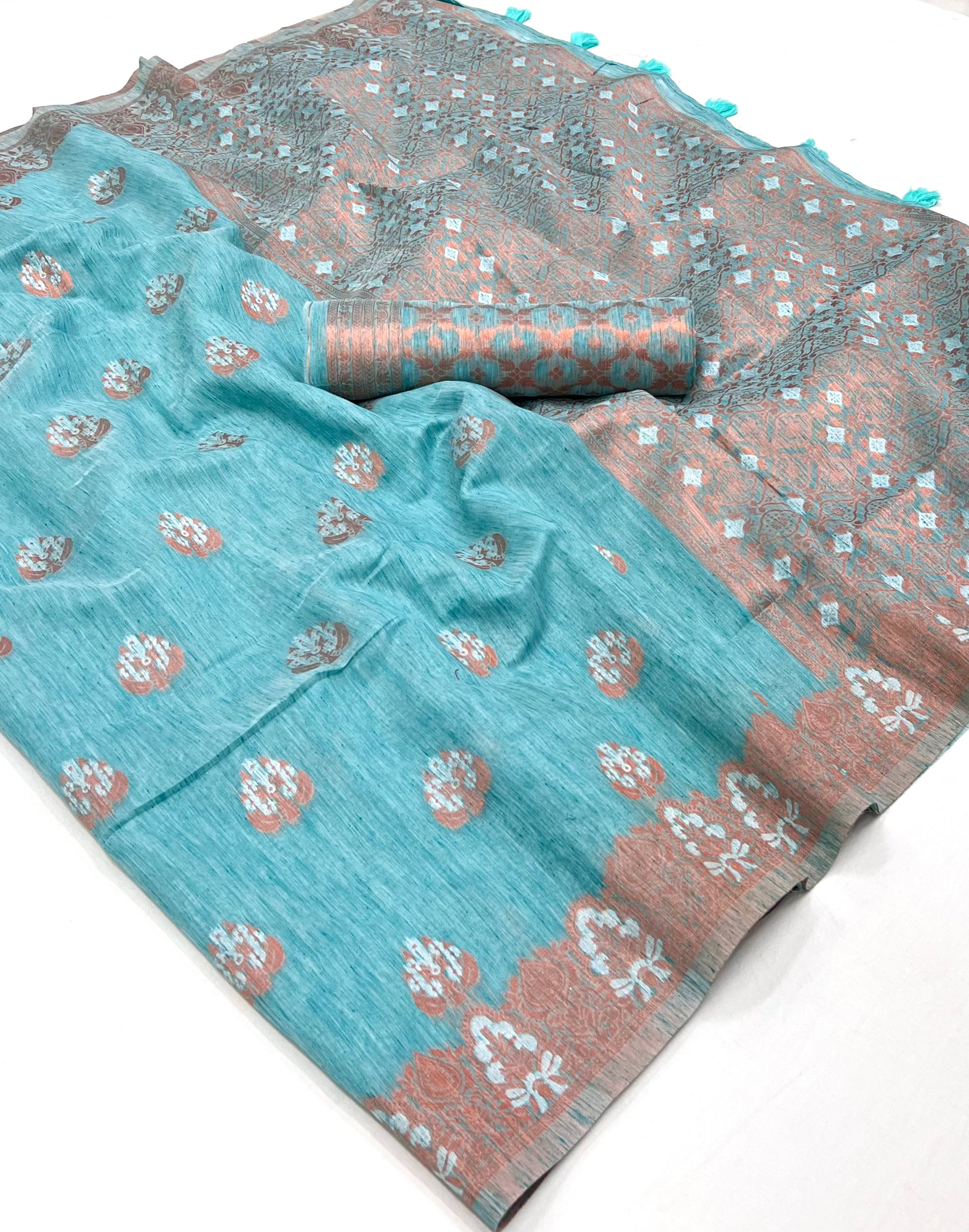 Buy MySilkLove Shadow Blue Bronze Zaro Woven Linen Silk Saree Online