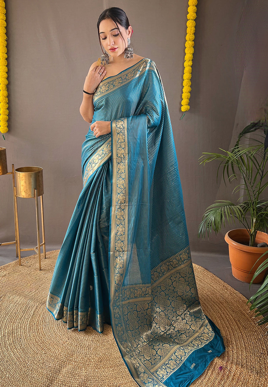 Buy MySilkLove Matisse Blue Organza Zari Woven Saree Online