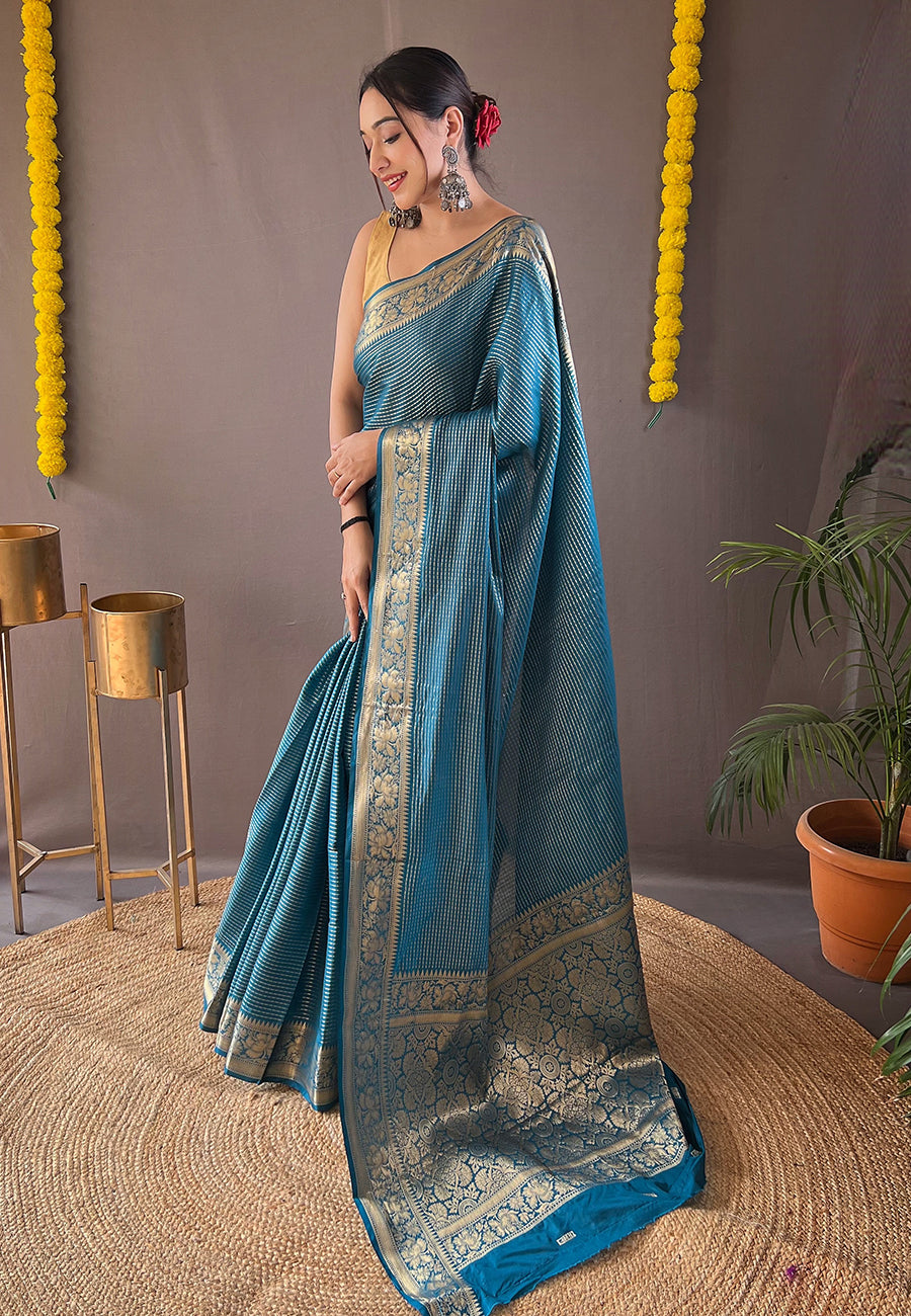 Buy MySilkLove Matisse Blue Organza Zari Woven Saree Online