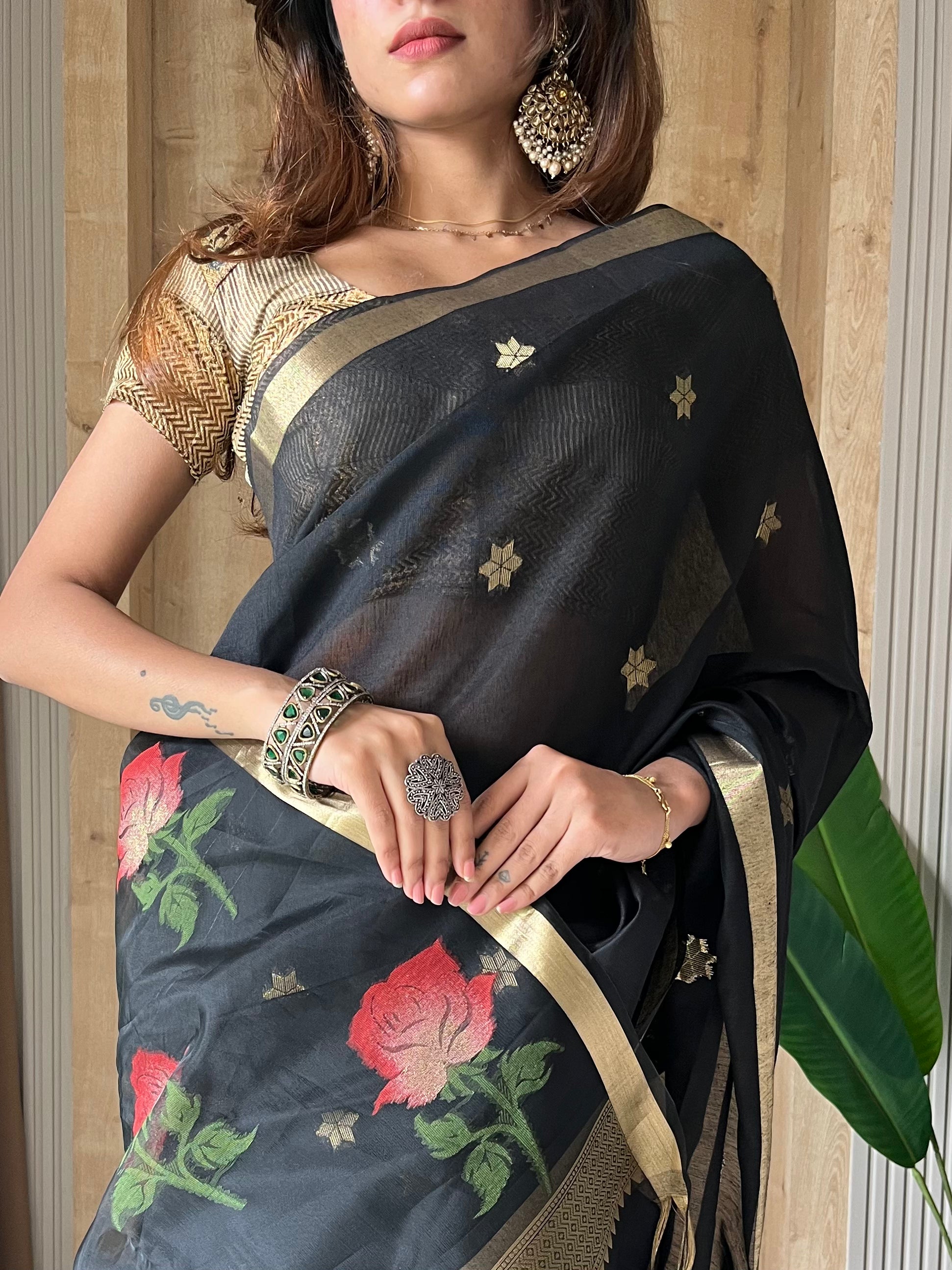 MySilkLove Carbon Black Handloom Muga Cotton Saree