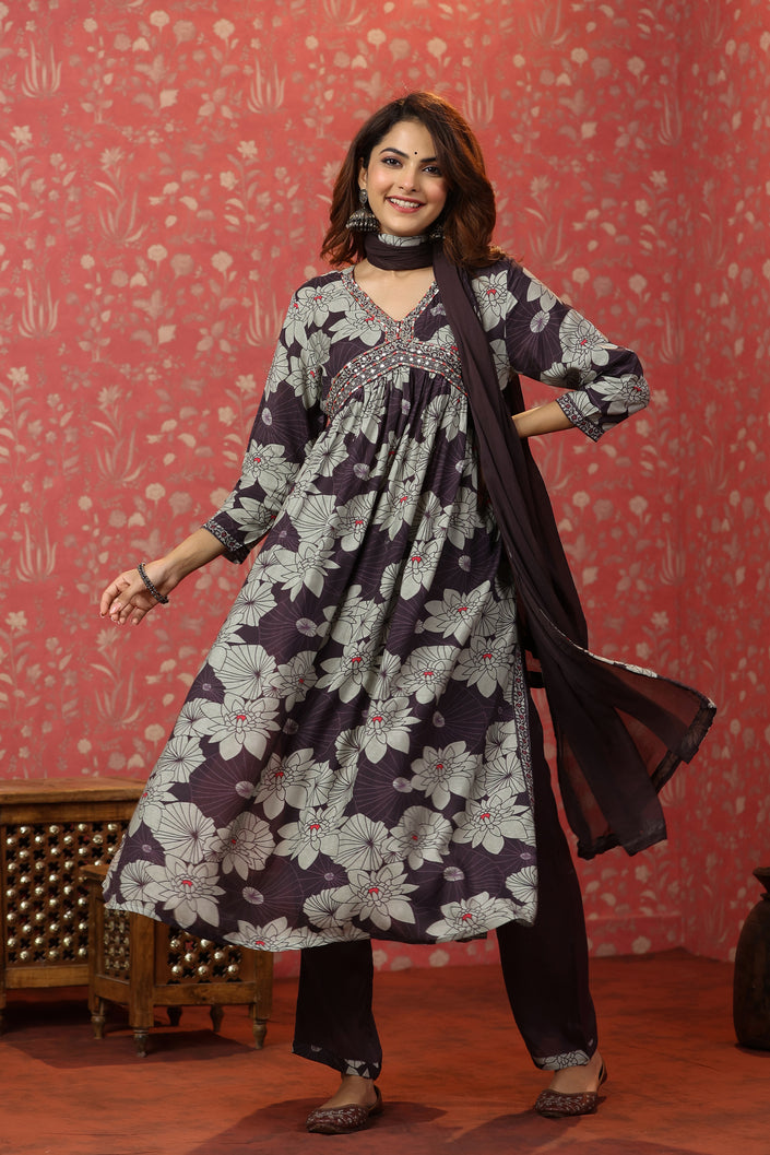 Buy MySilkLove Natural Grey and Purple Floral Alia Cut Pure Muslin Silk Suit Online