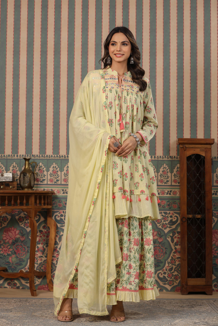 Buy MySilkLove Mint Julep Cream embroidery Pure Cotton Sharara Suit Online