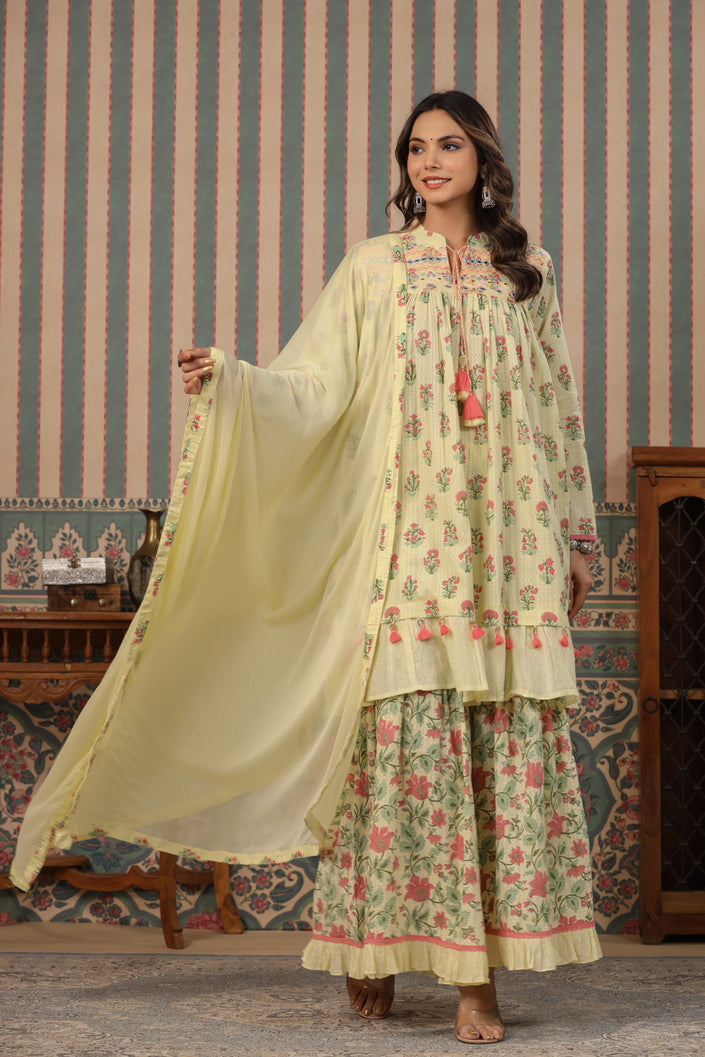 Buy MySilkLove Mint Julep Cream embroidery Pure Cotton Sharara Suit Online