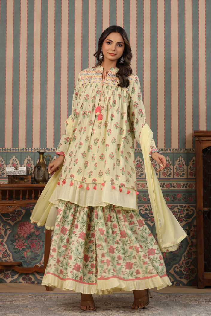 MySilkLove Mint Julep Cream embroidery Pure Cotton Sharara Suit