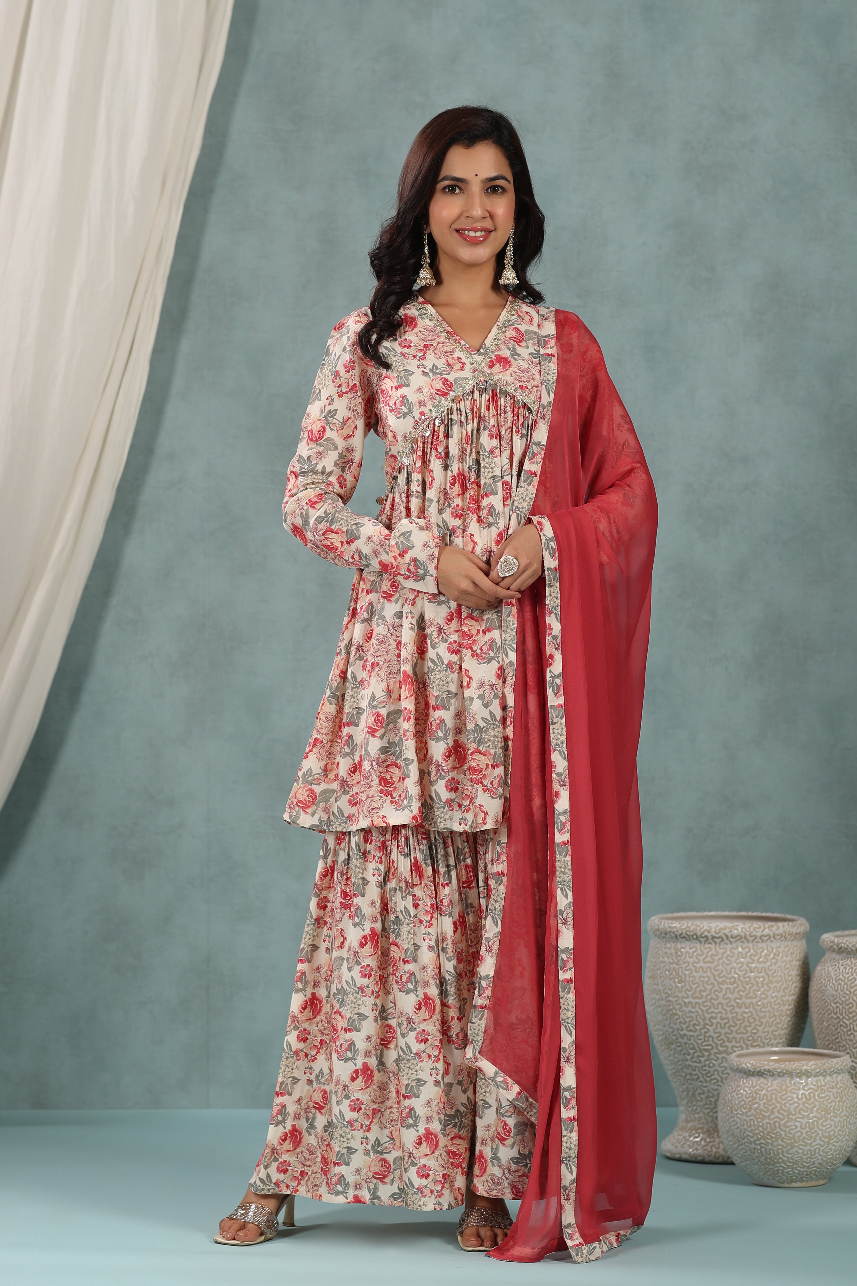 Buy MySilkLove Well Red Floral Alia Cut Pure Muslin Sharara Suit Online