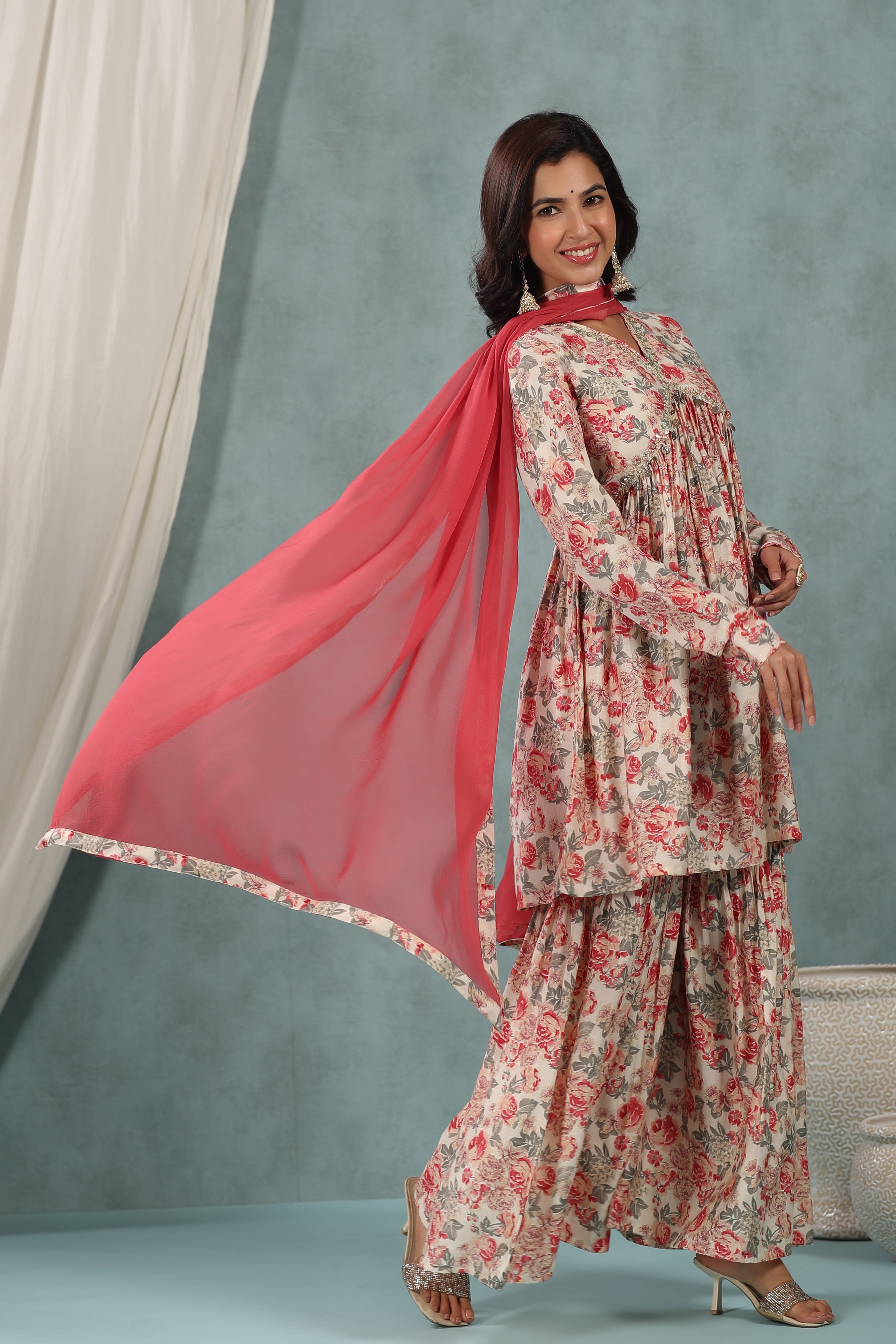 Buy MySilkLove Well Red Floral Alia Cut Pure Muslin Sharara Suit Online