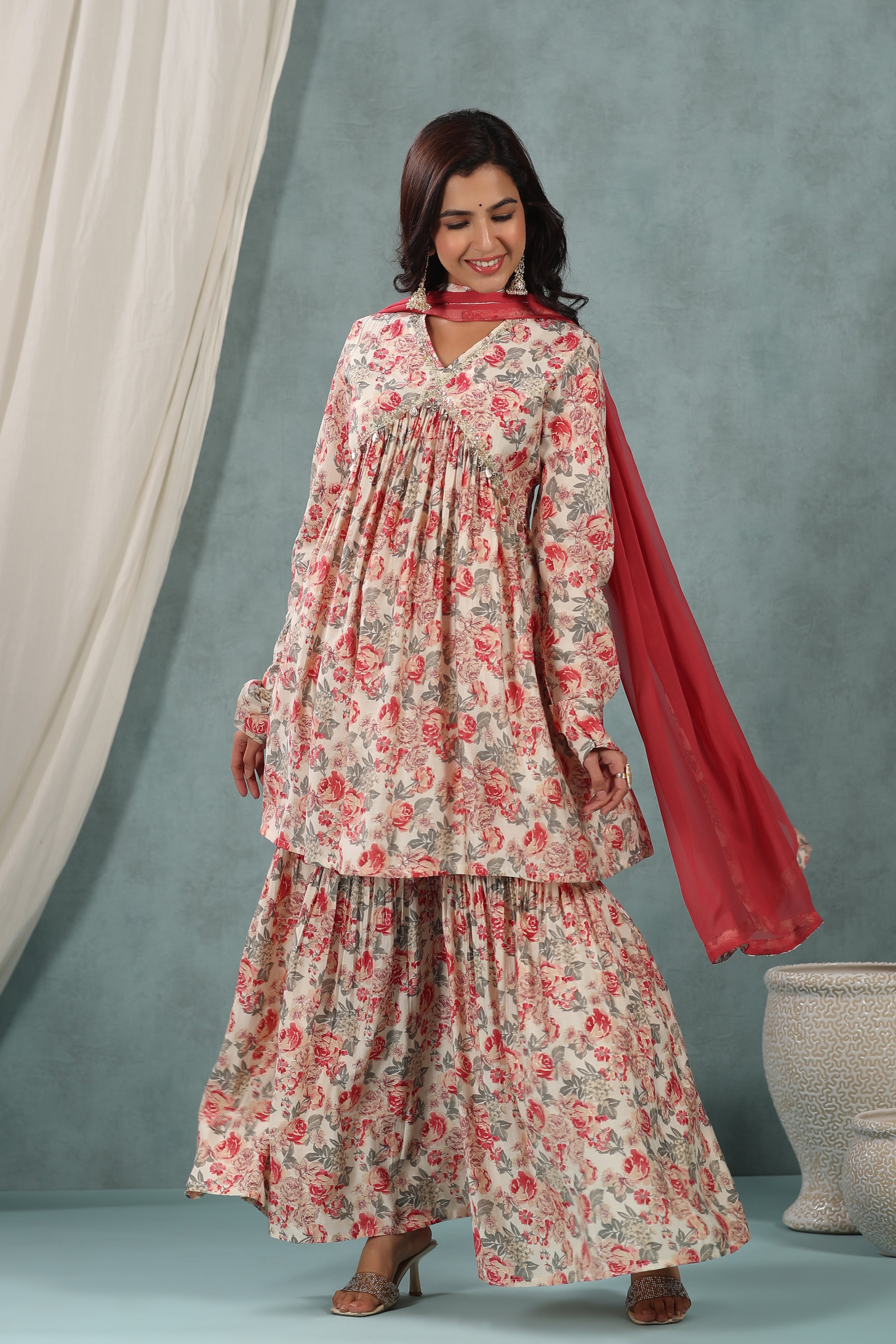 Buy MySilkLove Well Red Floral Alia Cut Pure Muslin Sharara Suit Online