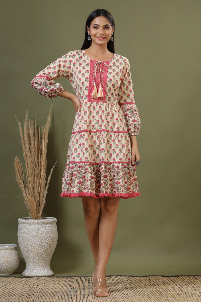 Buy MySilkLove Chestnut Rose Pink Bagru Print Cotton Dress Online