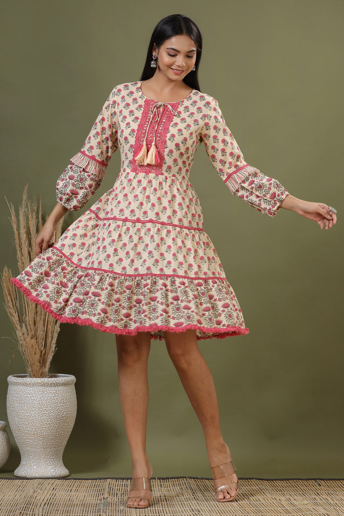 Buy MySilkLove Chestnut Rose Pink Bagru Print Cotton Dress Online