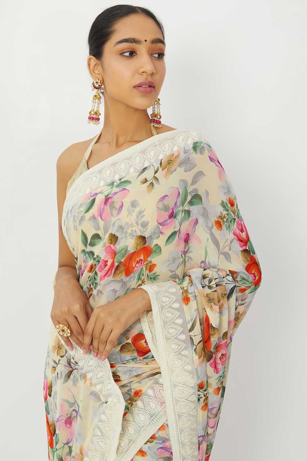 MySilkLove Iron white Georgette Printed Saree