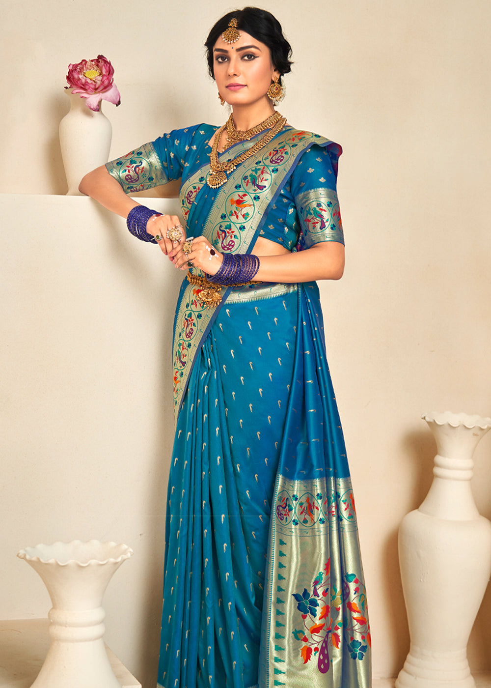 Buy MySilkLove Peacock Blue Woven Paithani Silk Saree Online