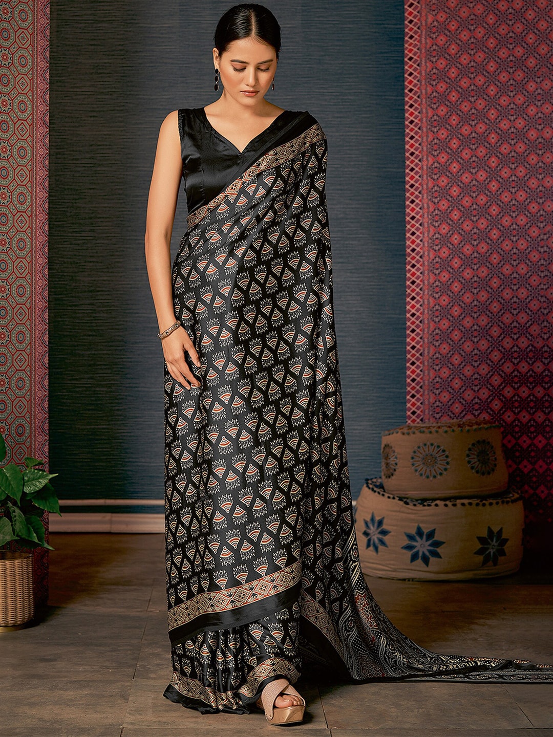 Buy MySilkLove Onyx Black Digital Printed Ajrakh Satin Crepe Saree Online