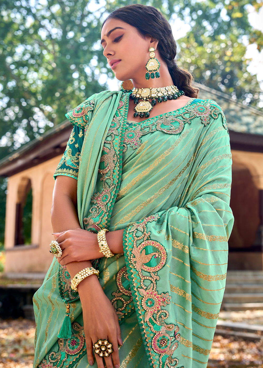 MySilkLove Pista Green Woven Designer Banarasi Embroidered Silk Saree