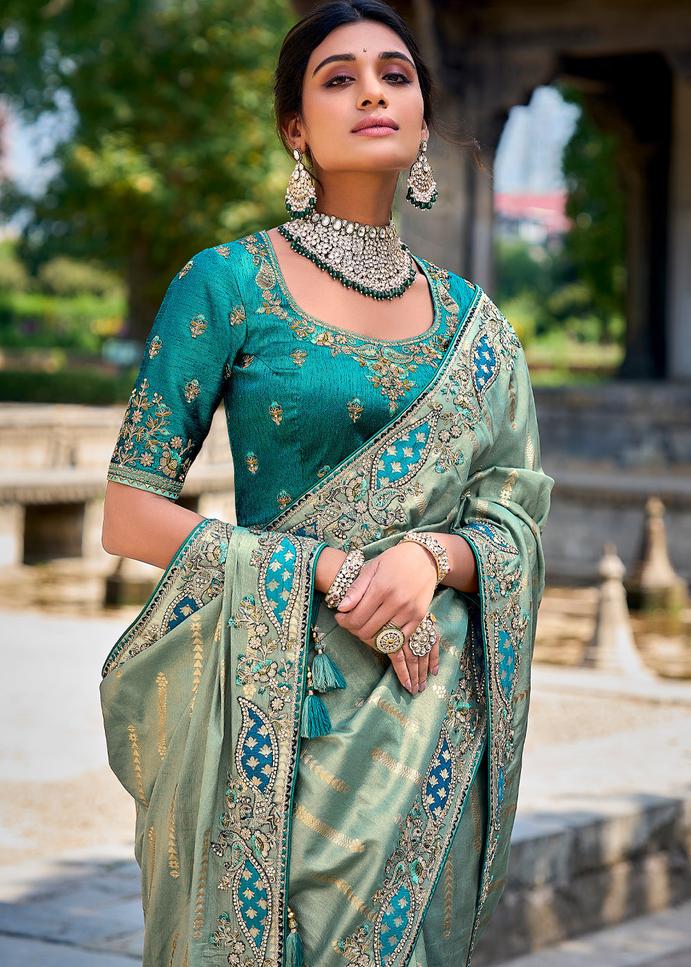 MySilkLove Fern Green Woven Designer Banarasi Embroidered Silk Saree