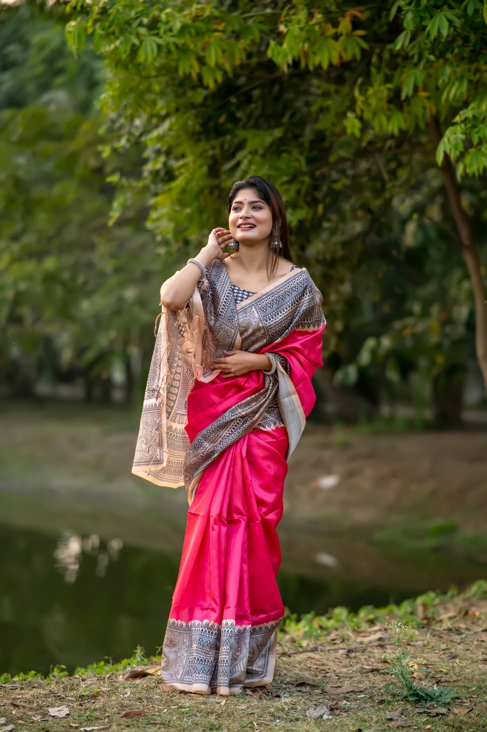 Buy MySilkLove Radical Pink Madhubani Printed Silk Saree Online