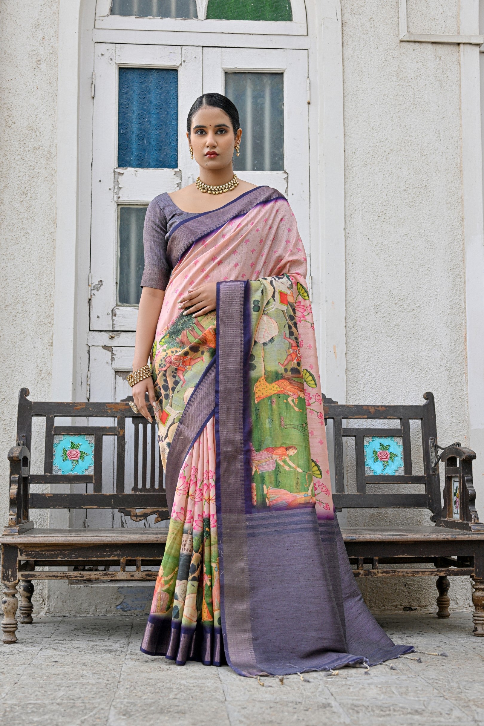 Buy MySilkLove Oriental Pink and Purple Tussar Printed Silk Saree Online