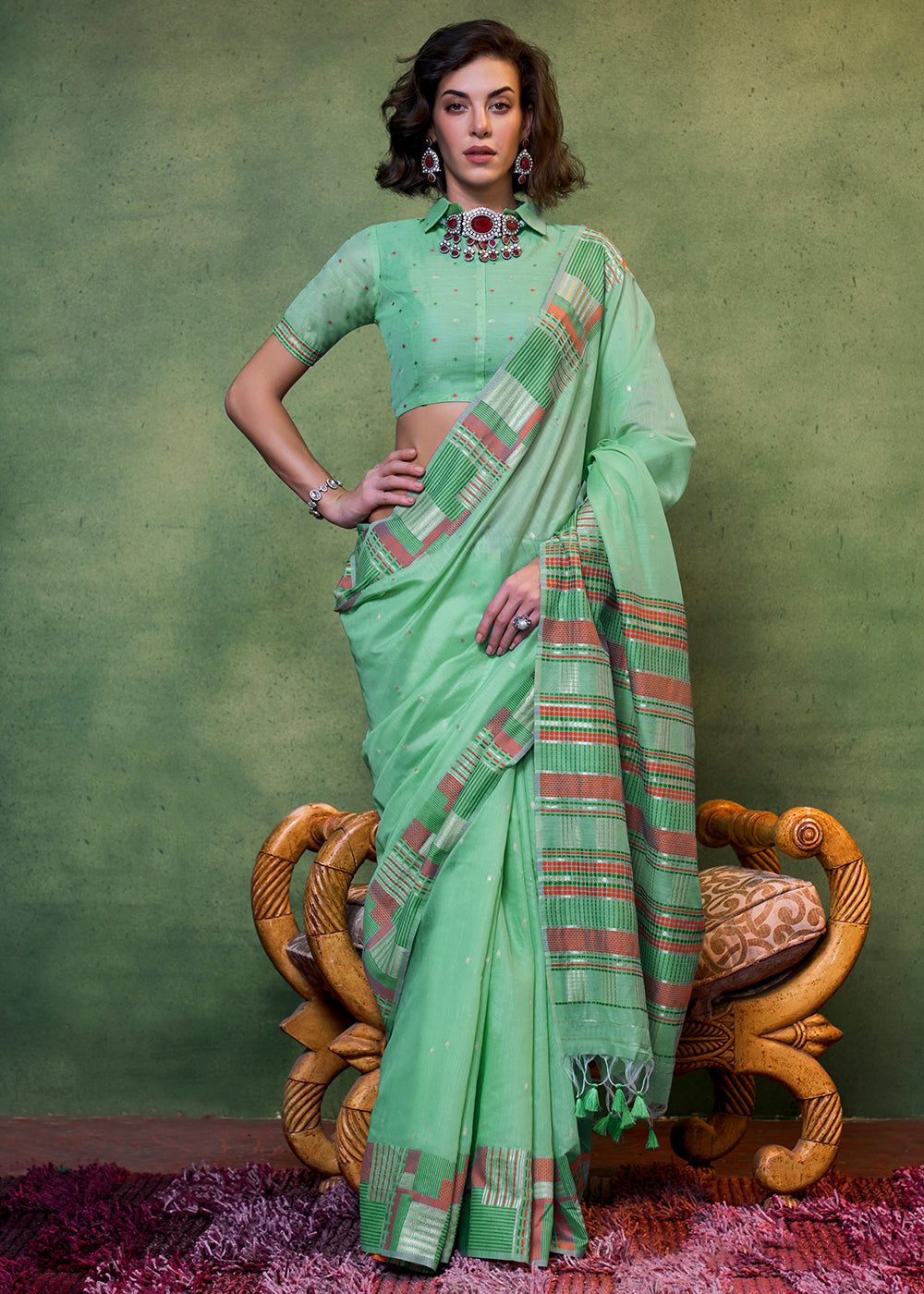 Buy MySilkLove Shadow Green Handloom Cotton Silk Saree Online