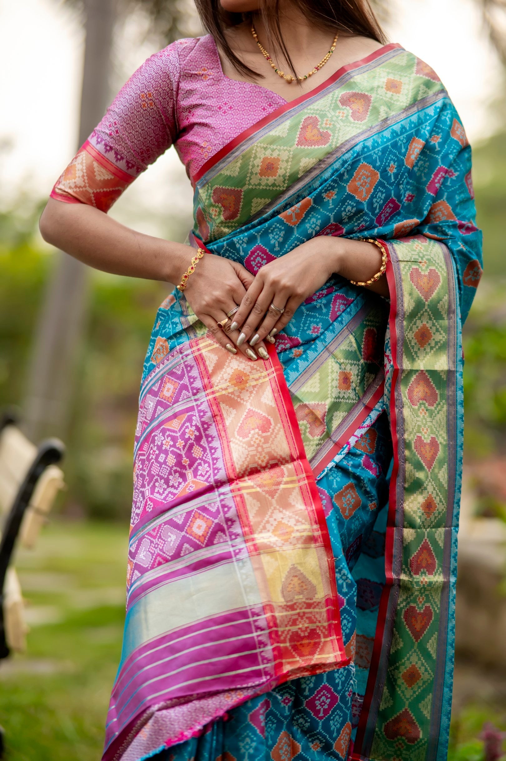 Buy MySilkLove Turquoise Pearl Blue Banarasi Silk Patola Saree Online