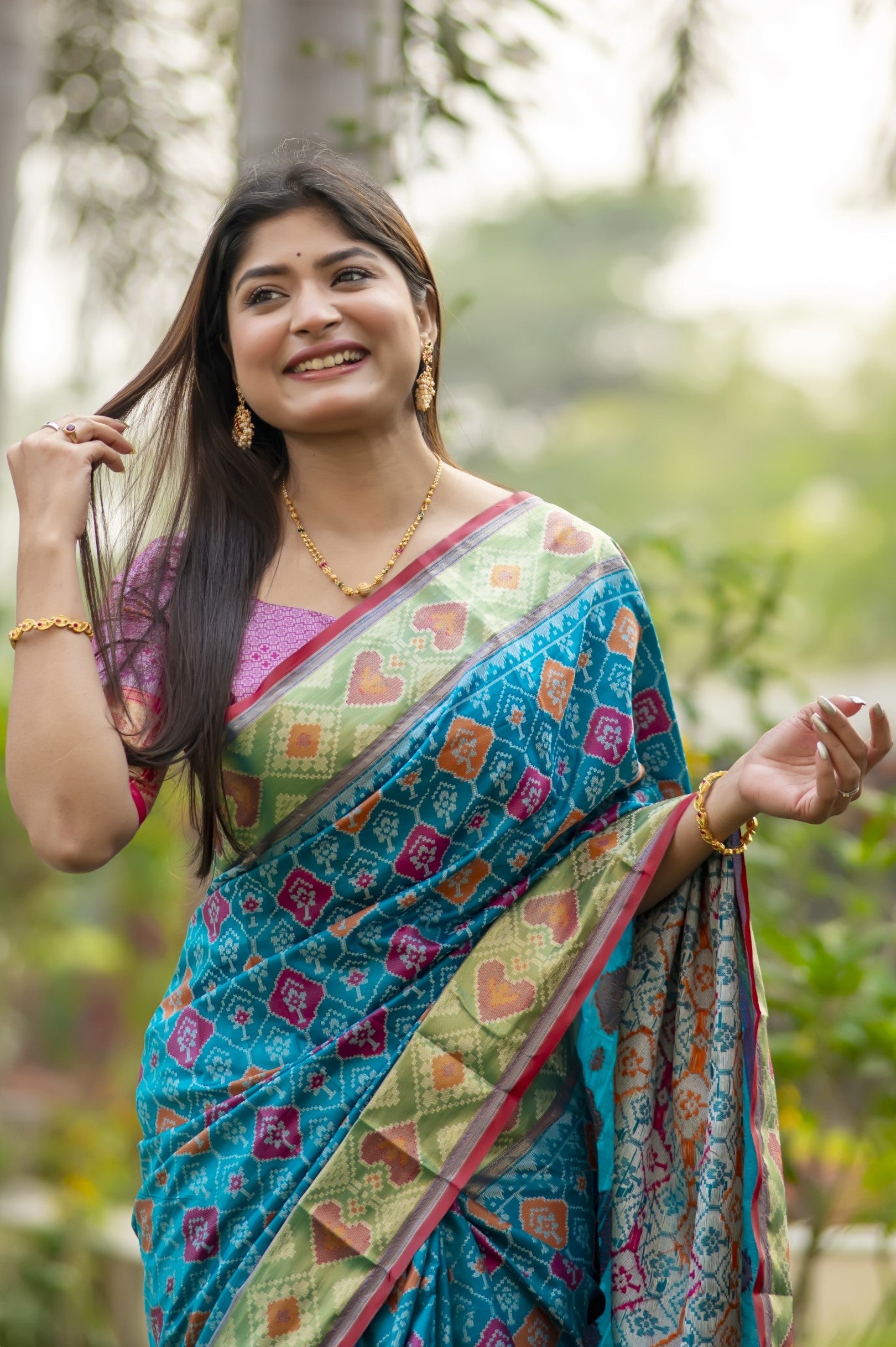 Buy MySilkLove Turquoise Pearl Blue Banarasi Silk Patola Saree Online