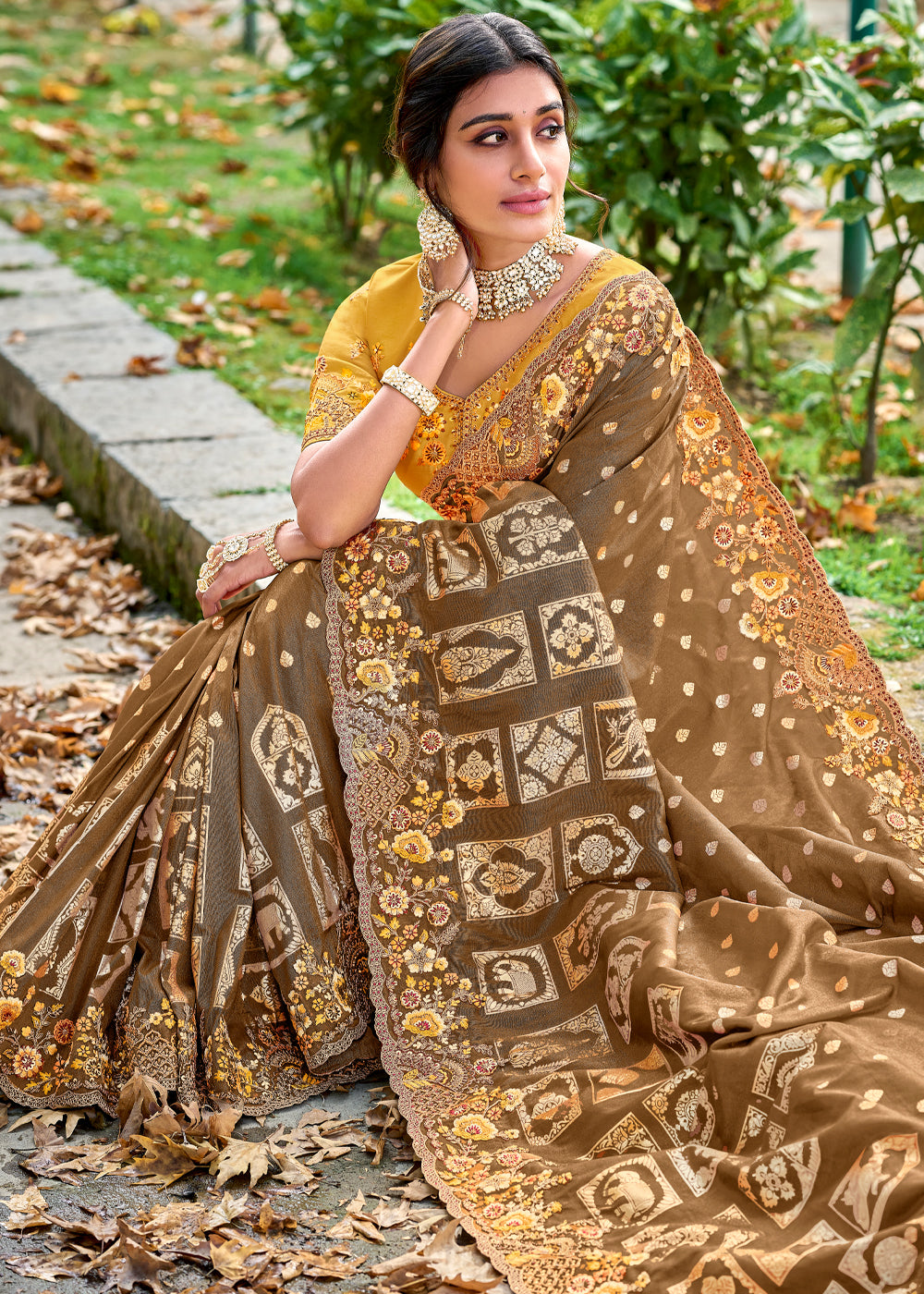 MySilkLove Russet Brown Woven Designer Banarasi Embroidered Silk Saree