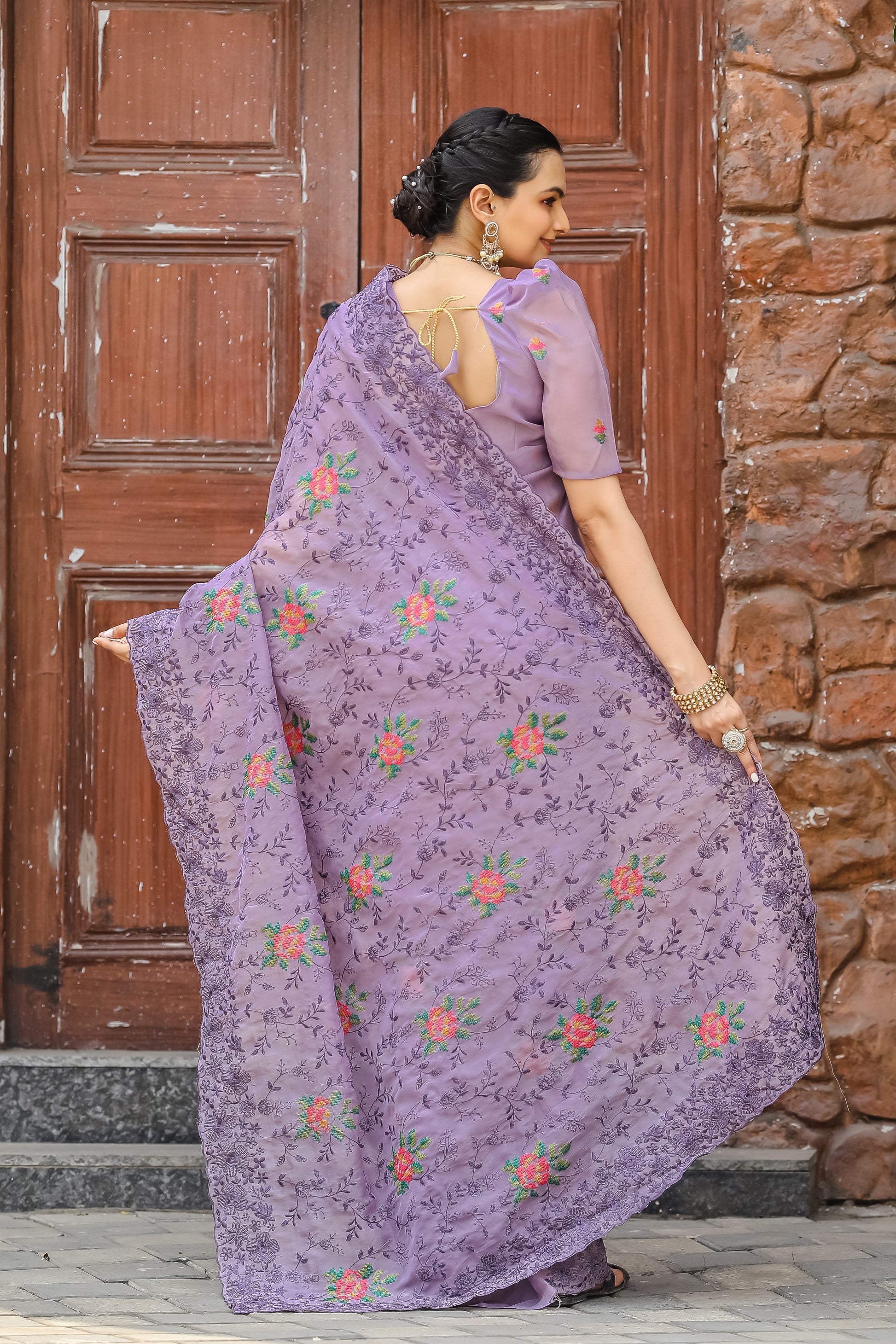 Buy MySilkLove Glossy Grape Purple Embroidered Chiffon Silk Saree Online