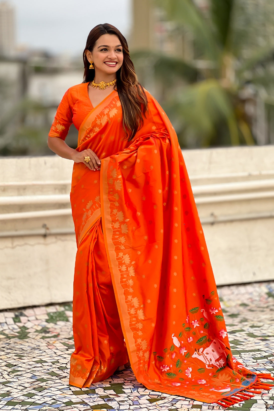 Buy MySilkLove Burned Orange Woven Lotus Banarasi Saree Online
