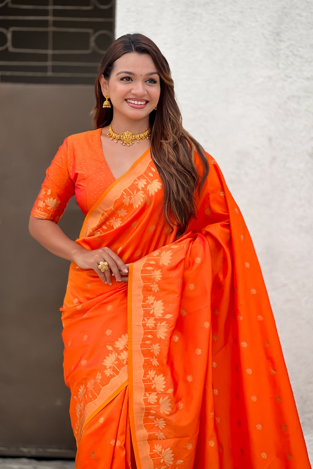 Buy MySilkLove Burned Orange Woven Lotus Banarasi Saree Online