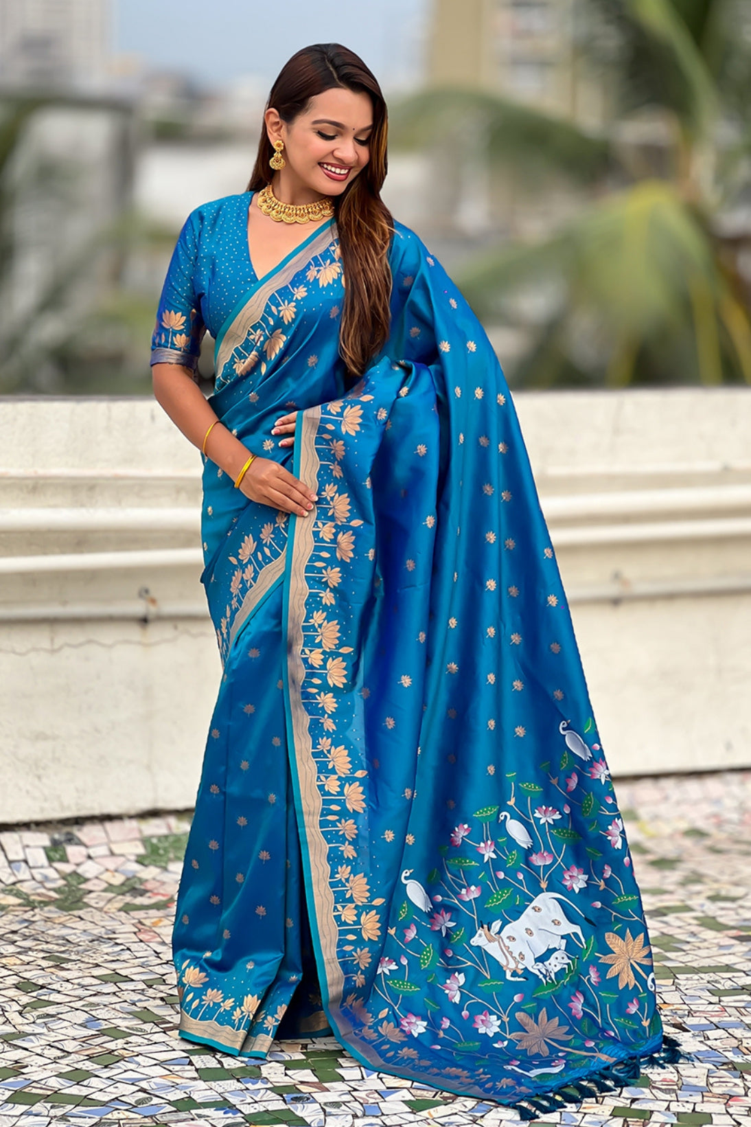 Buy MySilkLove Sibirica Blue Woven Lotus Banarasi Saree Online